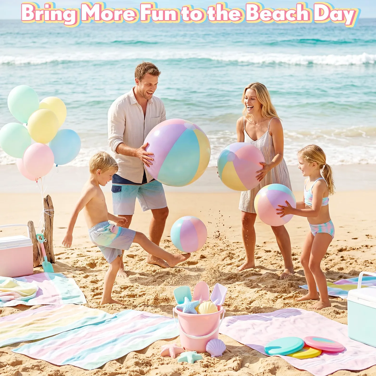 MiniInflat Confezione da 4 palline da spiaggia in 4 misure (61 cm, 40,6 cm, 30,5 cm, 20,3 cm), palline gonfiabili pastello per bambini e adulti, feste estive in spiaggia hawaiana, forniture per feste