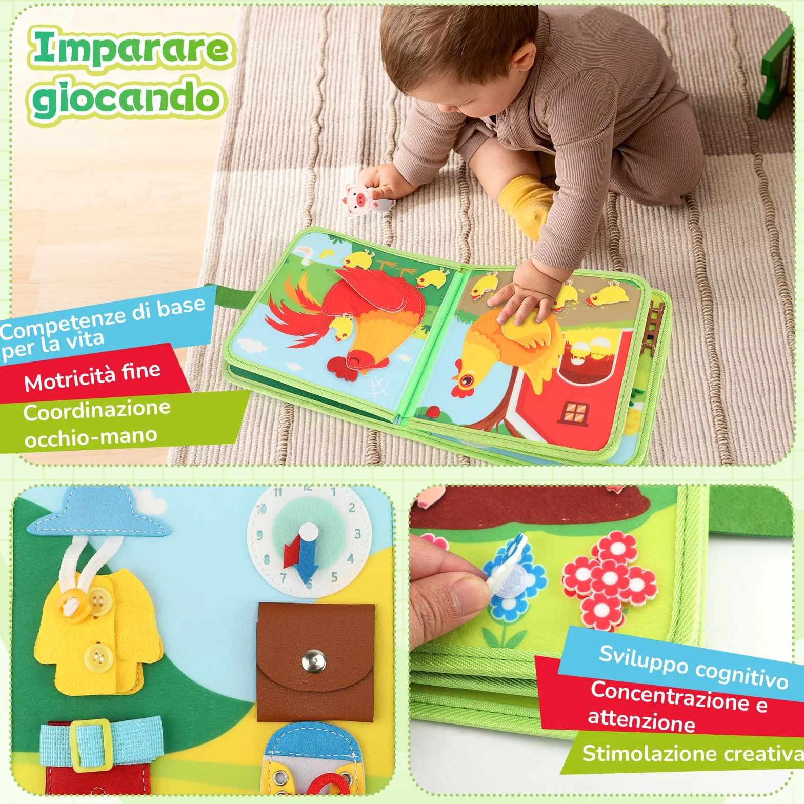 Busy Board Montessori 2 Anni, Giochi per Bambini Fattoria con 25 Attività, Quiet Book Regalo 2-4 Anni Sviluppo Precoce