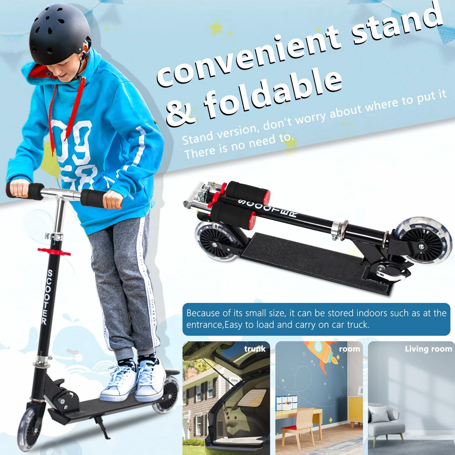AKOZLIN Monopattino pieghevole per bambini, 3 altezze regolabili, ruote luminose, telaio in lega di alluminio, carico max 50 kg, nero