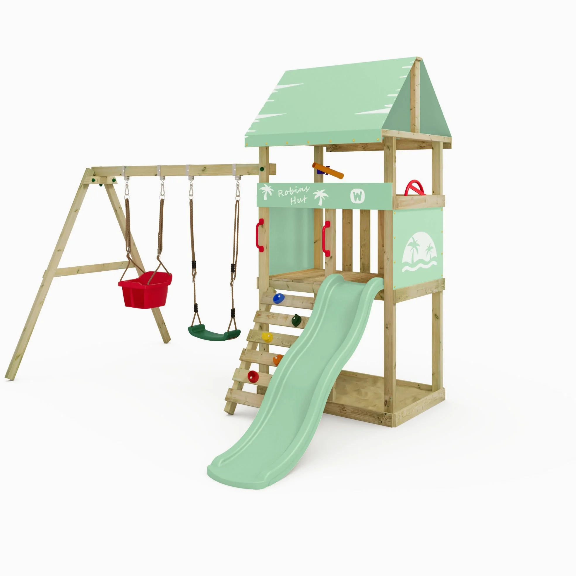 Wickey Parco giochi DinkyHouse con estensione dell'altalena - con scivolo & telone verde pastello - Torre di arrampicata per bambini per il giardino in legno massiccio - 303x317x247 cm