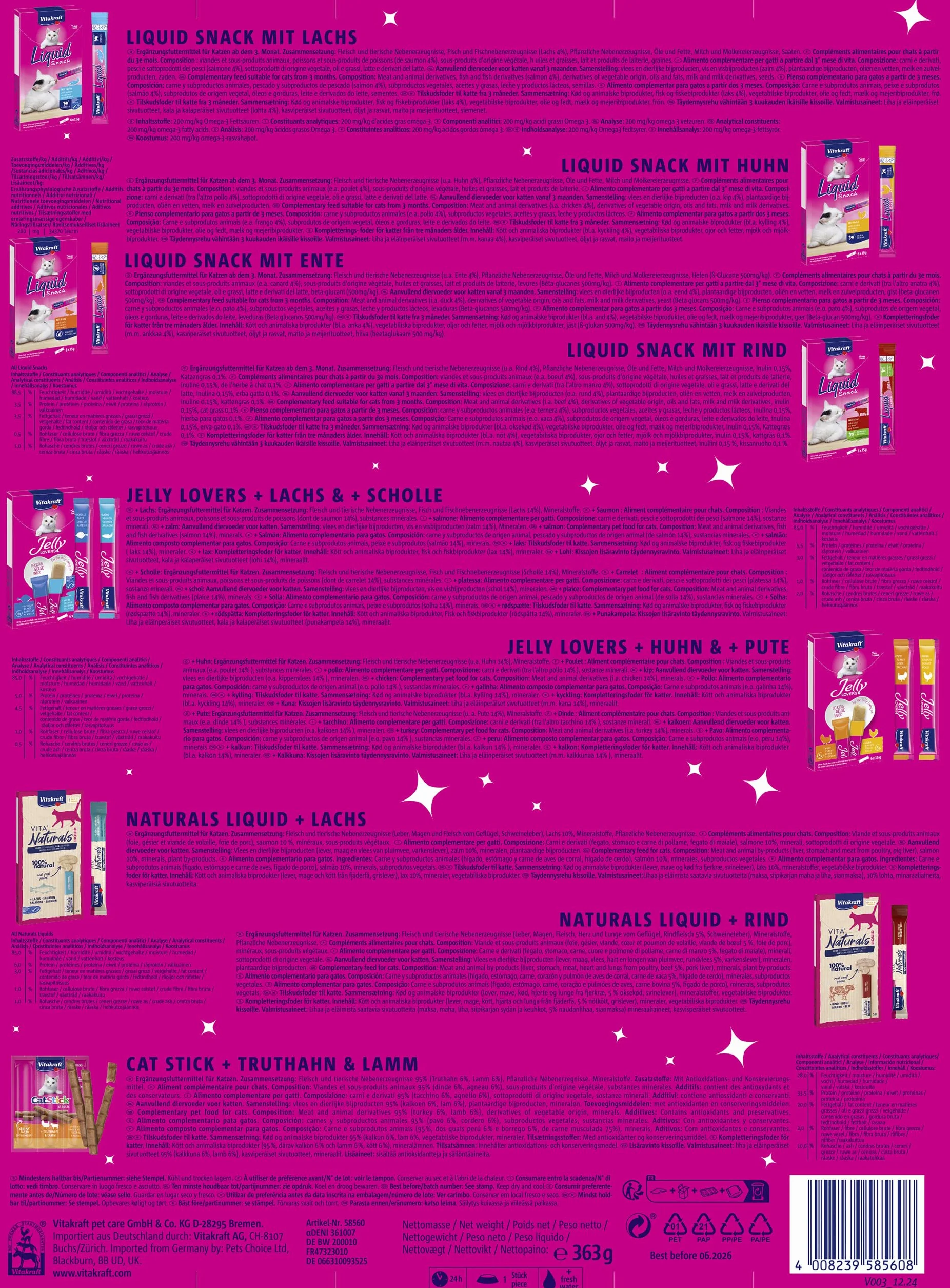 Vitakraft Calendario dell’avvento gatto, per Natale 2025, deliziosi snack selezionati con cura, per il periodo dell’avvento, snack per gatti di tutte le età (1x 363g)