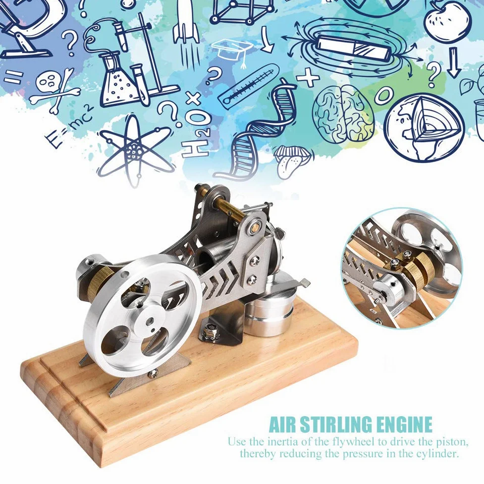 Modello di motore Stirling, generatore di elettricità con motore a vuoto con LED per dimostrazioni educative, kit scientifico per motori alimentati a calore in legno e met