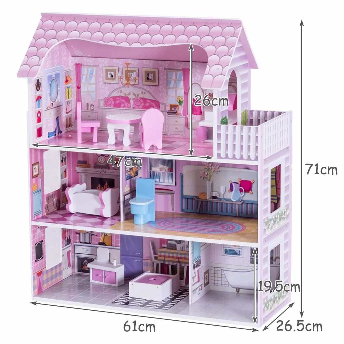GIANTEX Casa delle Bambole in Legno, Set Giocattoli per Bambole, Casetta a 3 Piani con Mobili per Bambini, Giocattoli per Camera dei Bambini, Rosa 62x27x70cm