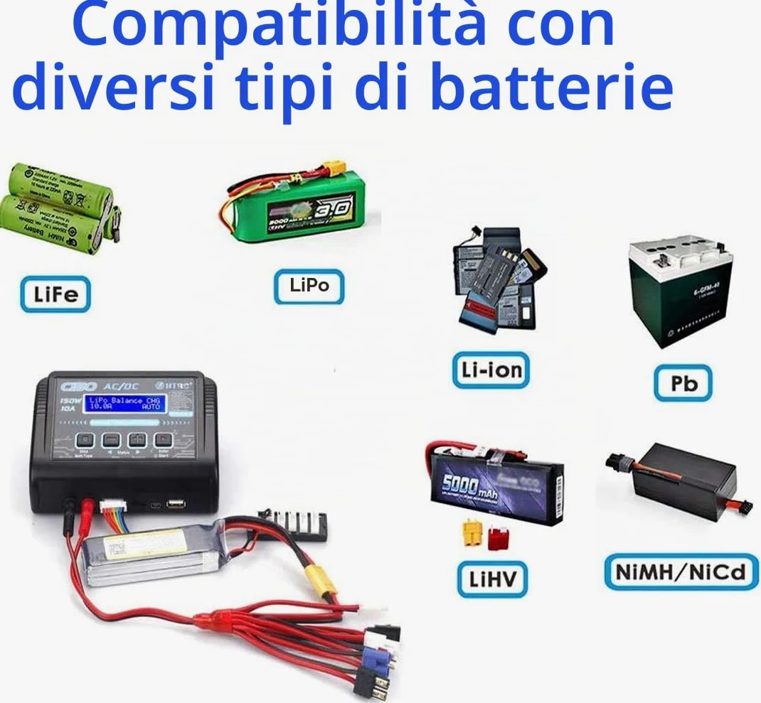 YUNIQUE GREEN-CLEAN-POWER - Caricabatteria Lipo RC C150 150W 10A | Compatibile con Batterie Tello DJI, 7.4V 1200mAh, 3.7V 2000mAh | Per Drone Radiofly Space Kondor, Nero