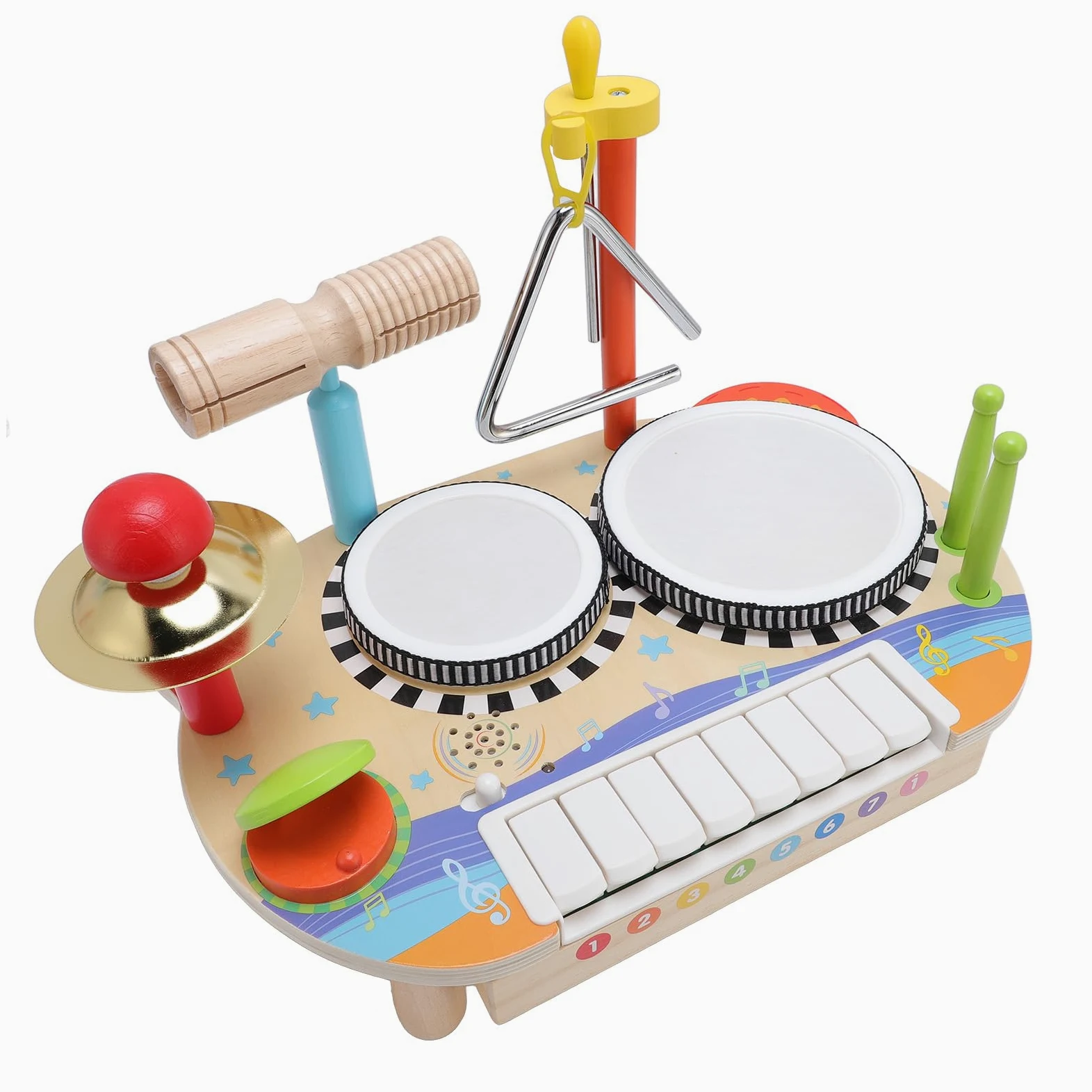 Fockety Set di Tamburo in Legno per Bambini con , Giocattolo Musicale per | Strumento a percussione per bambini, set musicale 3 in 1, per ragazzi e ragazze di età compresa tra 1 e 3 anni