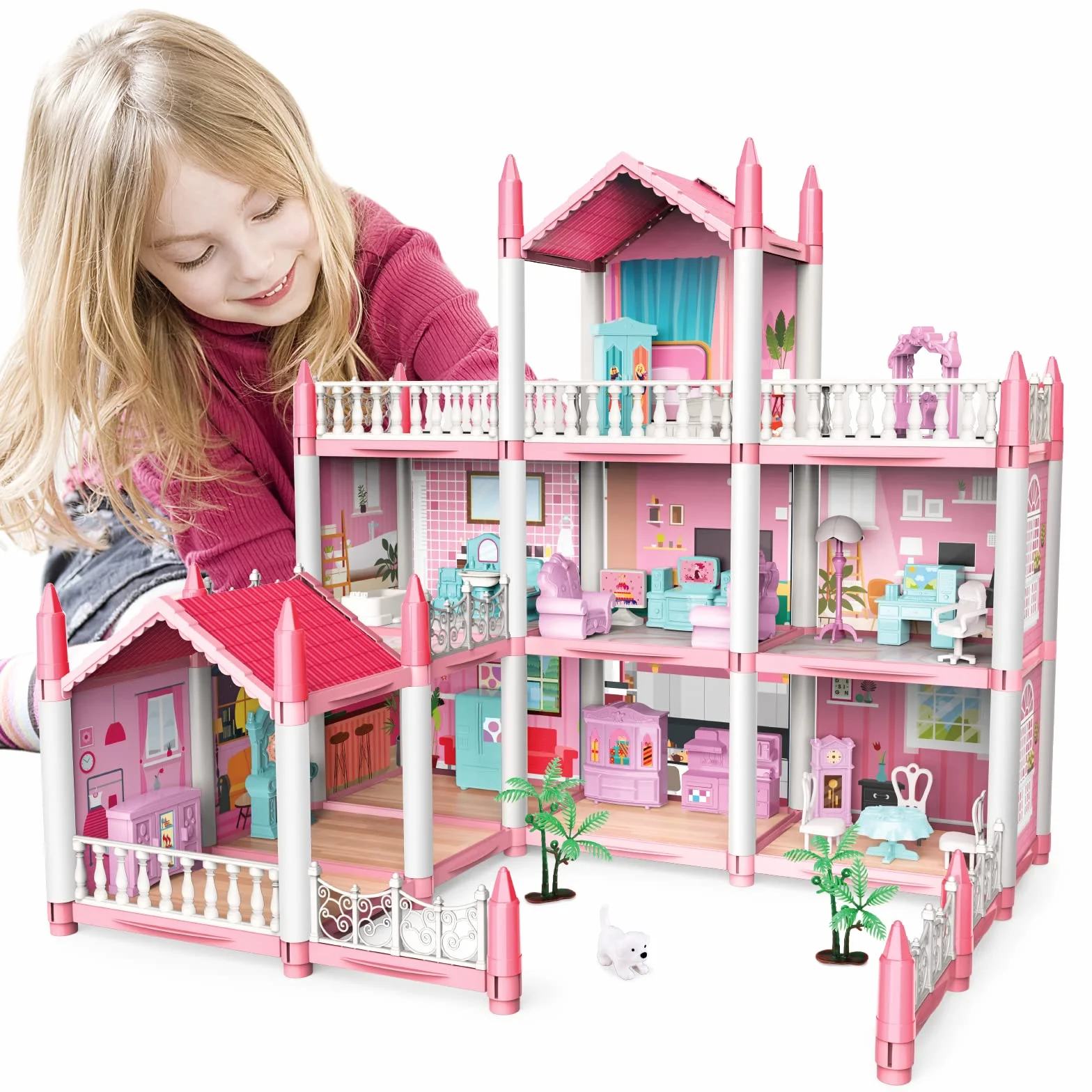 deAO Casa delle Bambole - 3 Piani 9 Camere Rosa Fai da Te Giochi di Educazione Set da Gioco, Asseccories e Mobili per la Casa delle Bambole, Regalo per 6 7 8 9 Ragazze Bambino
