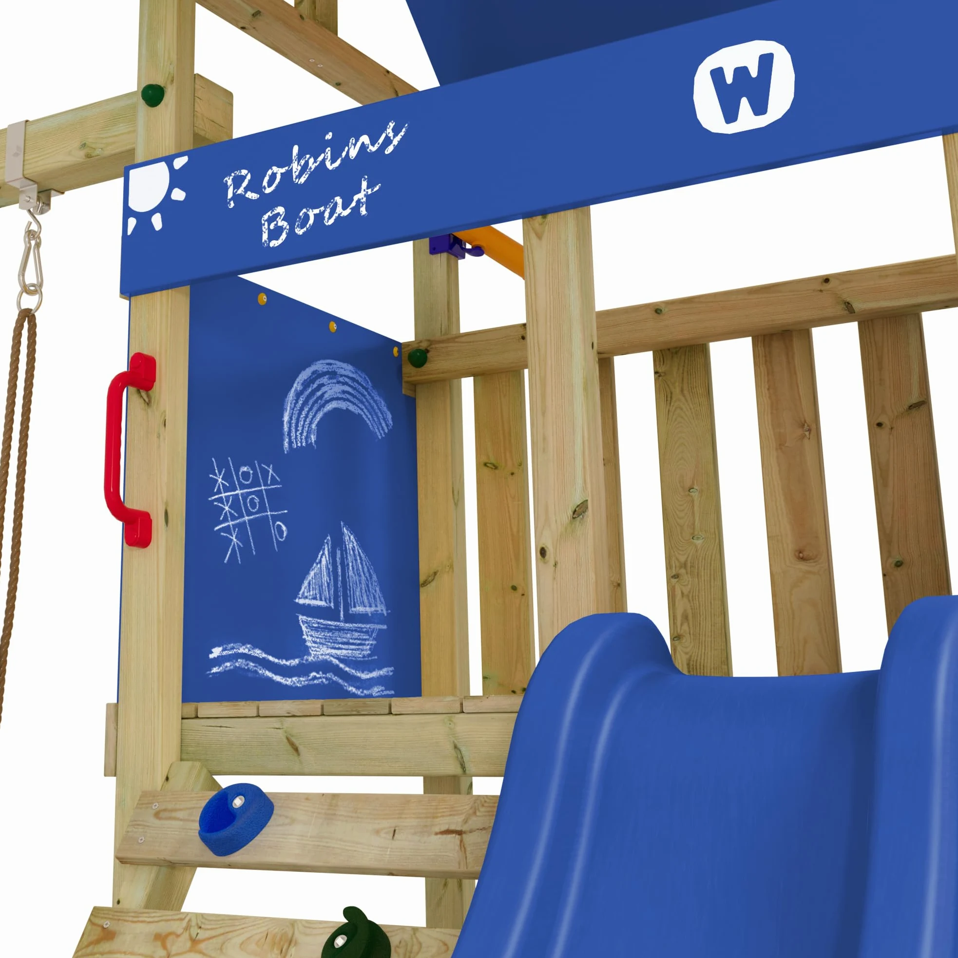Wickey Parco giochi DinkyHouse con estensione dell'altalena - con scivolo & telone blu - Torre di arrampicata per bambini per il giardino in legno massiccio - 303x317x247 cm