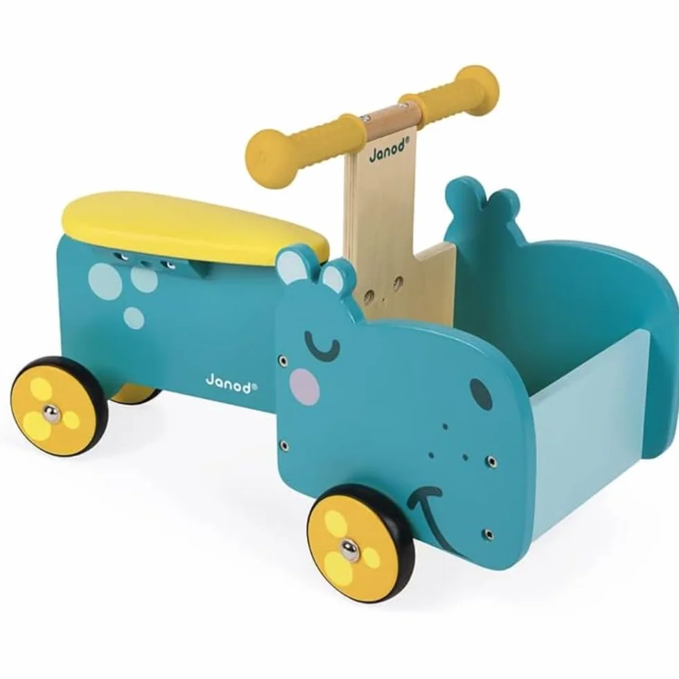 Janod Cavalcabile in Legno Ippopotamo per Bambini con Maniglie Ergonomiche e Ruote Silenziose Blu e Giallo