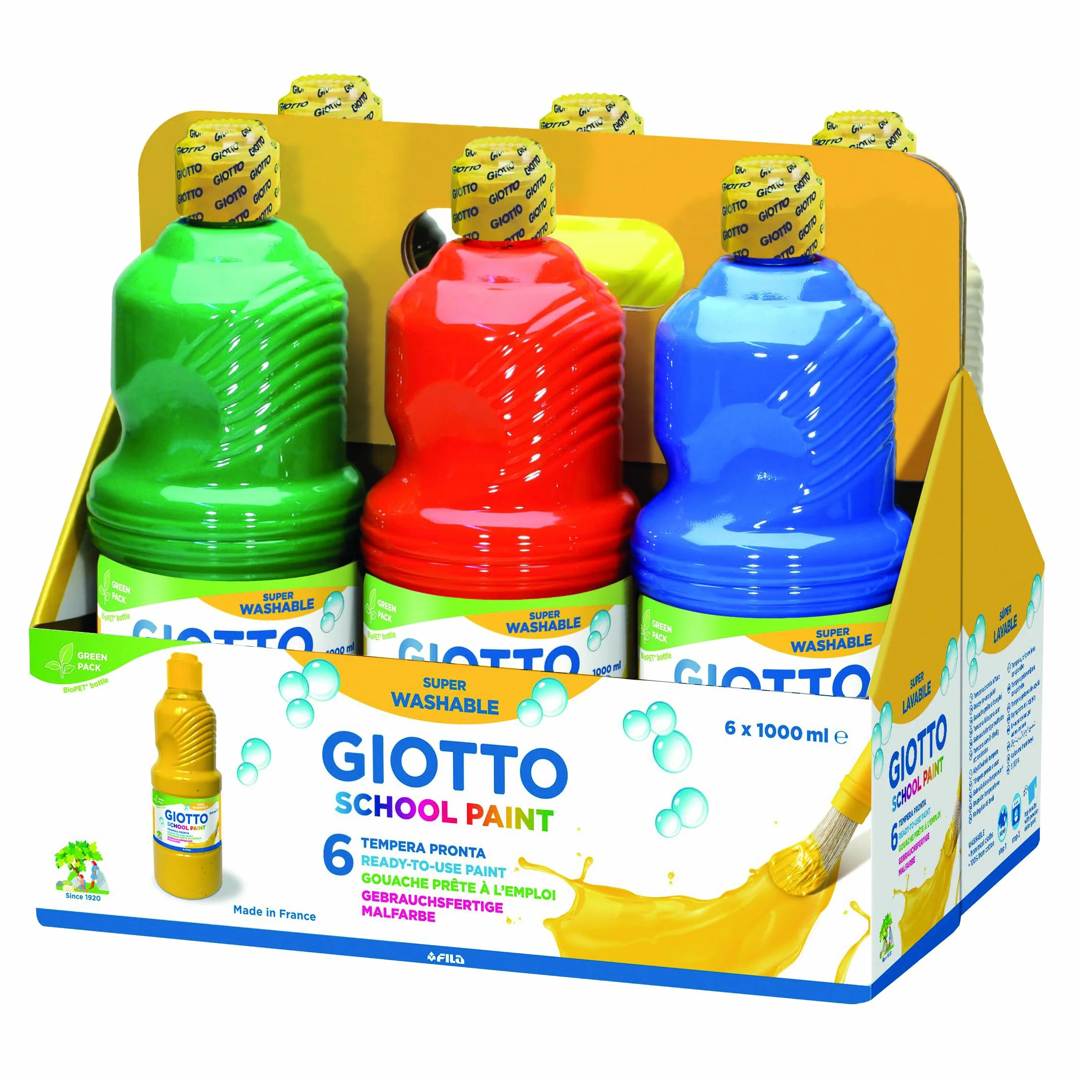GIOTTO School Paint - Confezione Da 6 Tempere Pronte A Base D'Acqua, 1lt, Super Lavabile