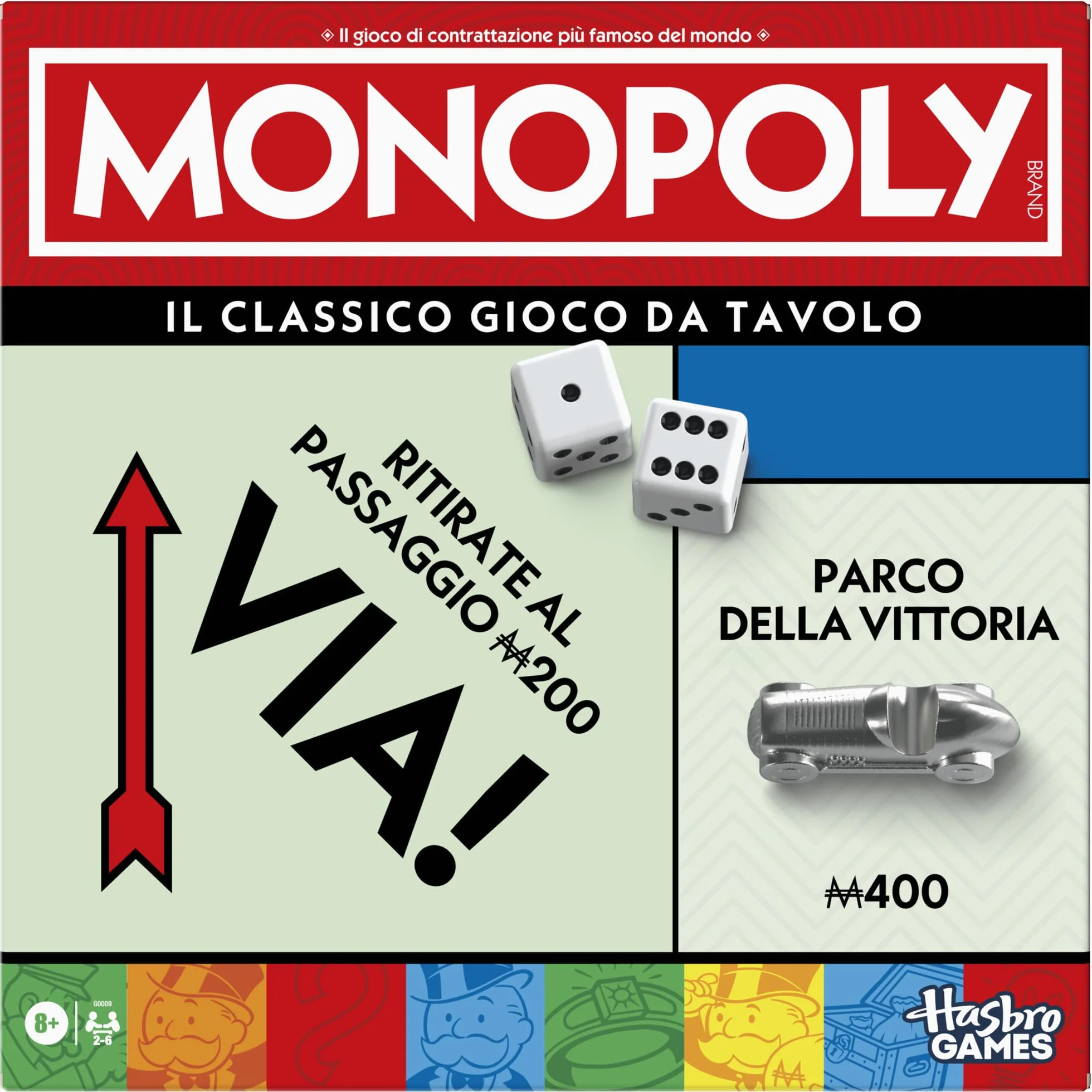 Monopoly Gioco da Tavolo Hasbro per Famiglia 2-6 Giocatori 8+ Anni Italiano Vaschetta Contenitore Pedine Grandi