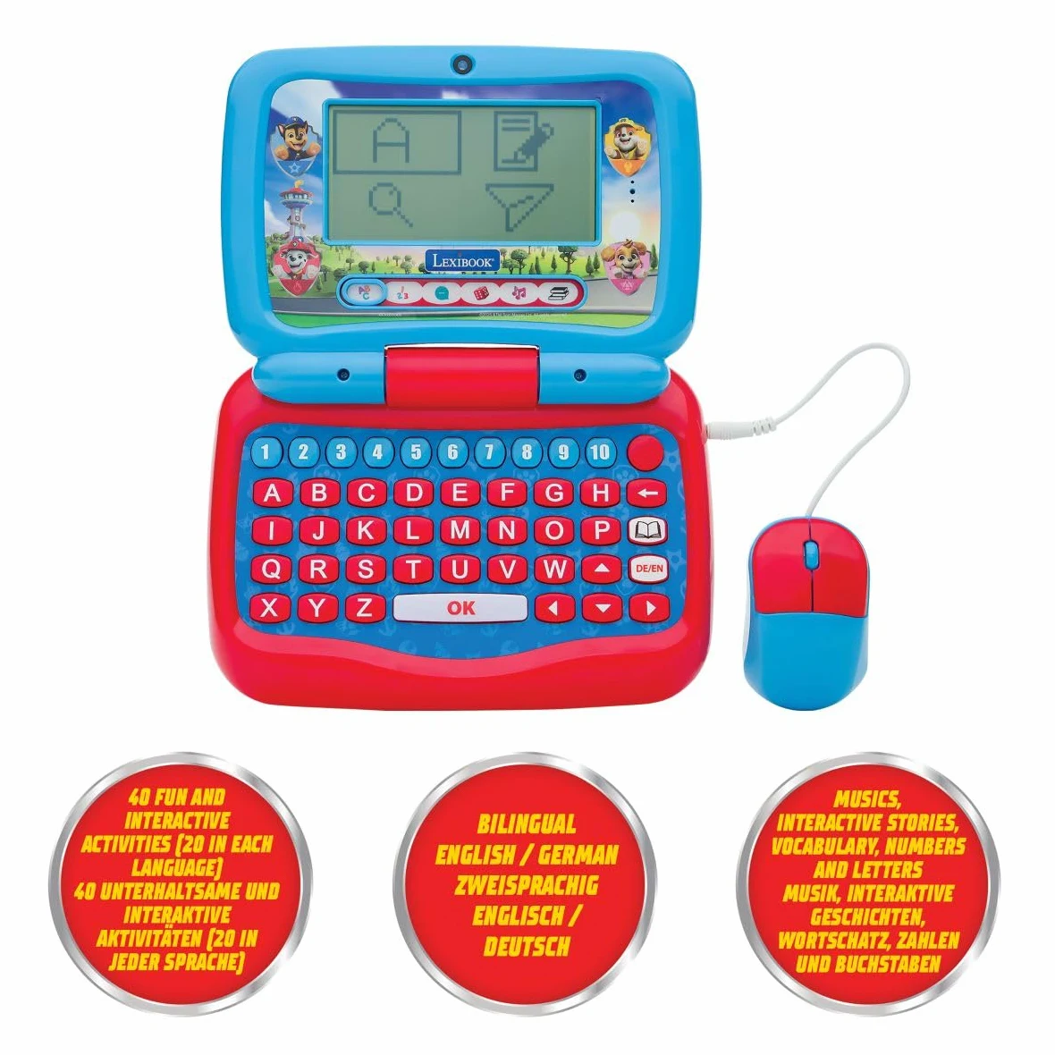 Lexibook, Paw Patrol Bilingual Talking Educational Laptop 40 Attività, Inglese Tedesco, Computer di apprendimento delle lingue, Storie animate, Metodo di lettura, Blu/Rosso, JC398PAi3LXB