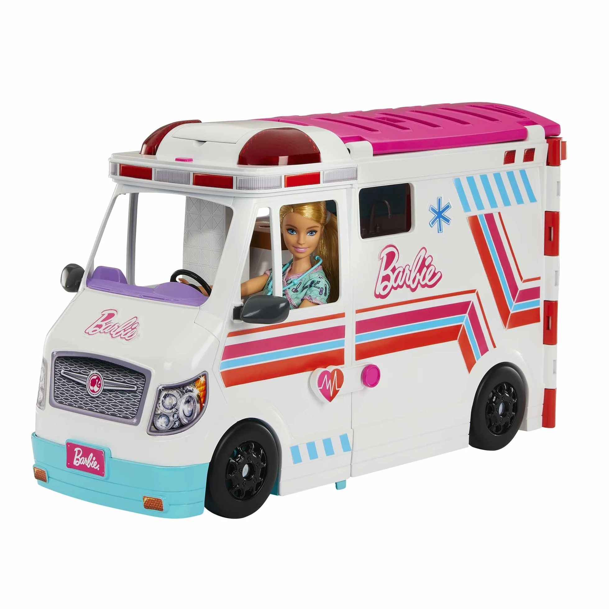 Barbie - Playset Ambulanza, veicolo di primo soccorso con luci, suoni e 20+ accessori, giocattolo per bambini, 3+ anni, HKT79