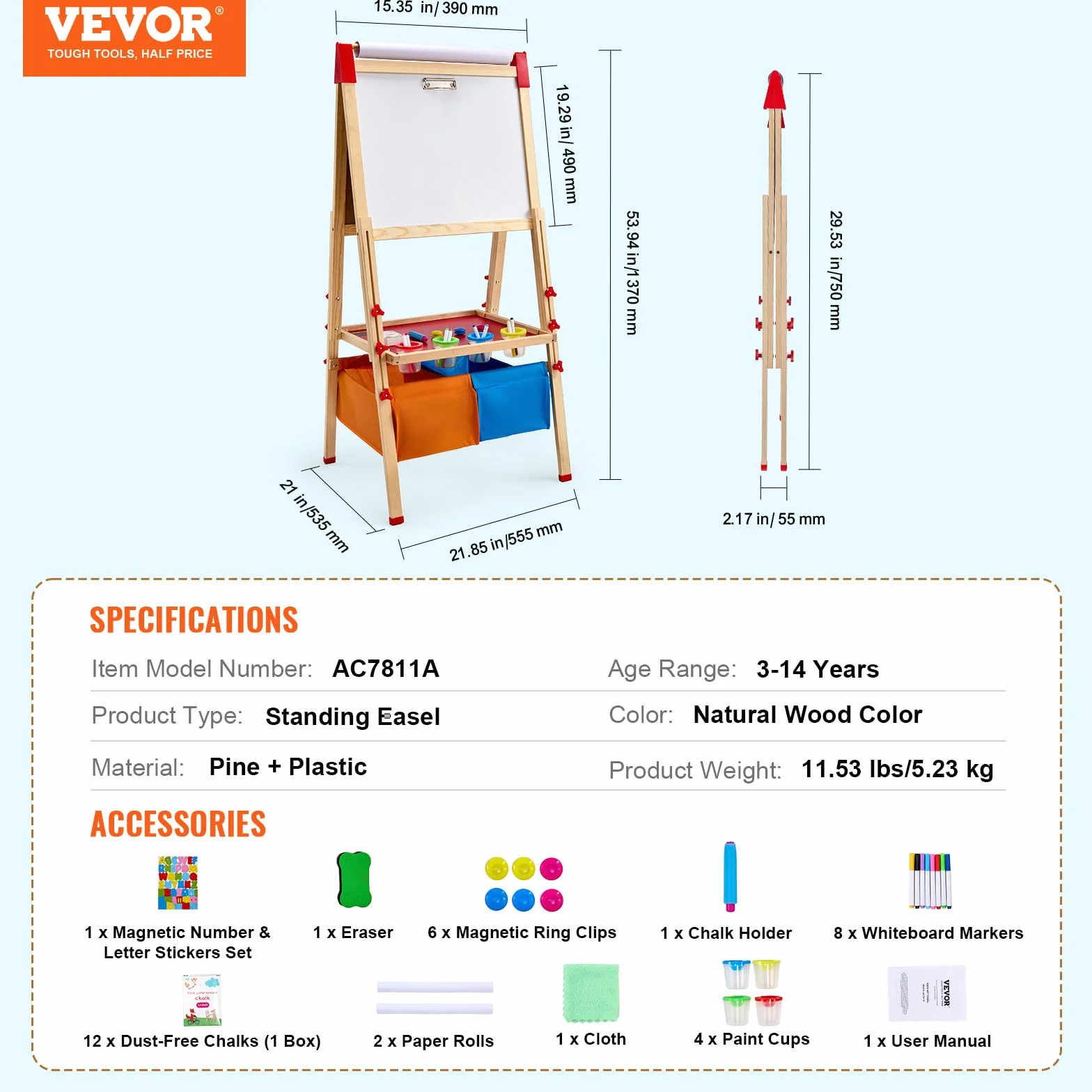 VEVOR Cavalletto da Arte per Bambini 3 in 1, Legno Doppia Faccia con Lavagna Magnetica e Rotolo di Carta, Tavolo da Disegno Regolabile