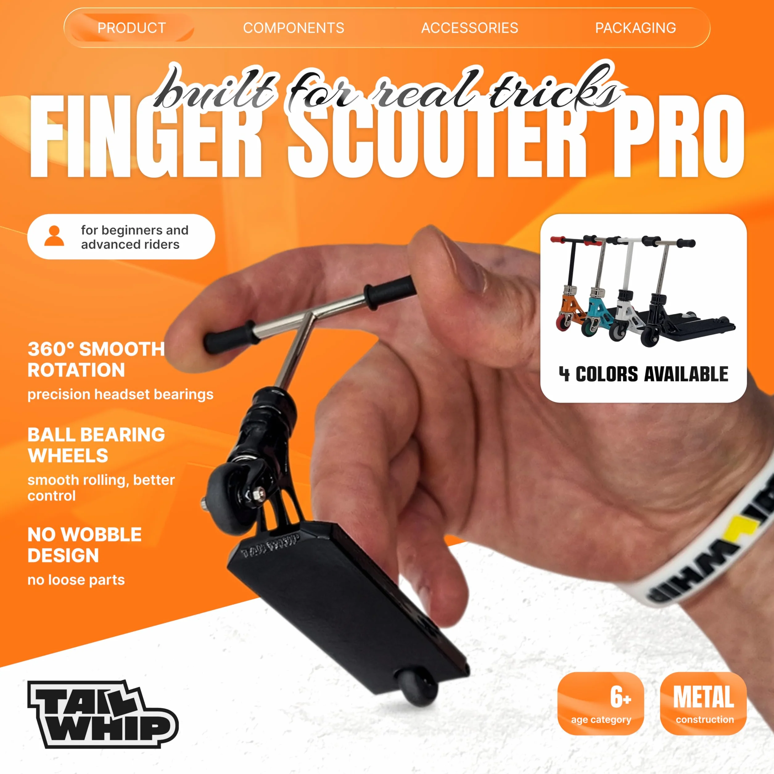 TAILWHIP Pro Finger Scooter con cuscinetti a sfera: nessun gioco, silenzioso, decalcomania per individualizzazione, robusto monopattino in metallo per bambini e adulti, nero