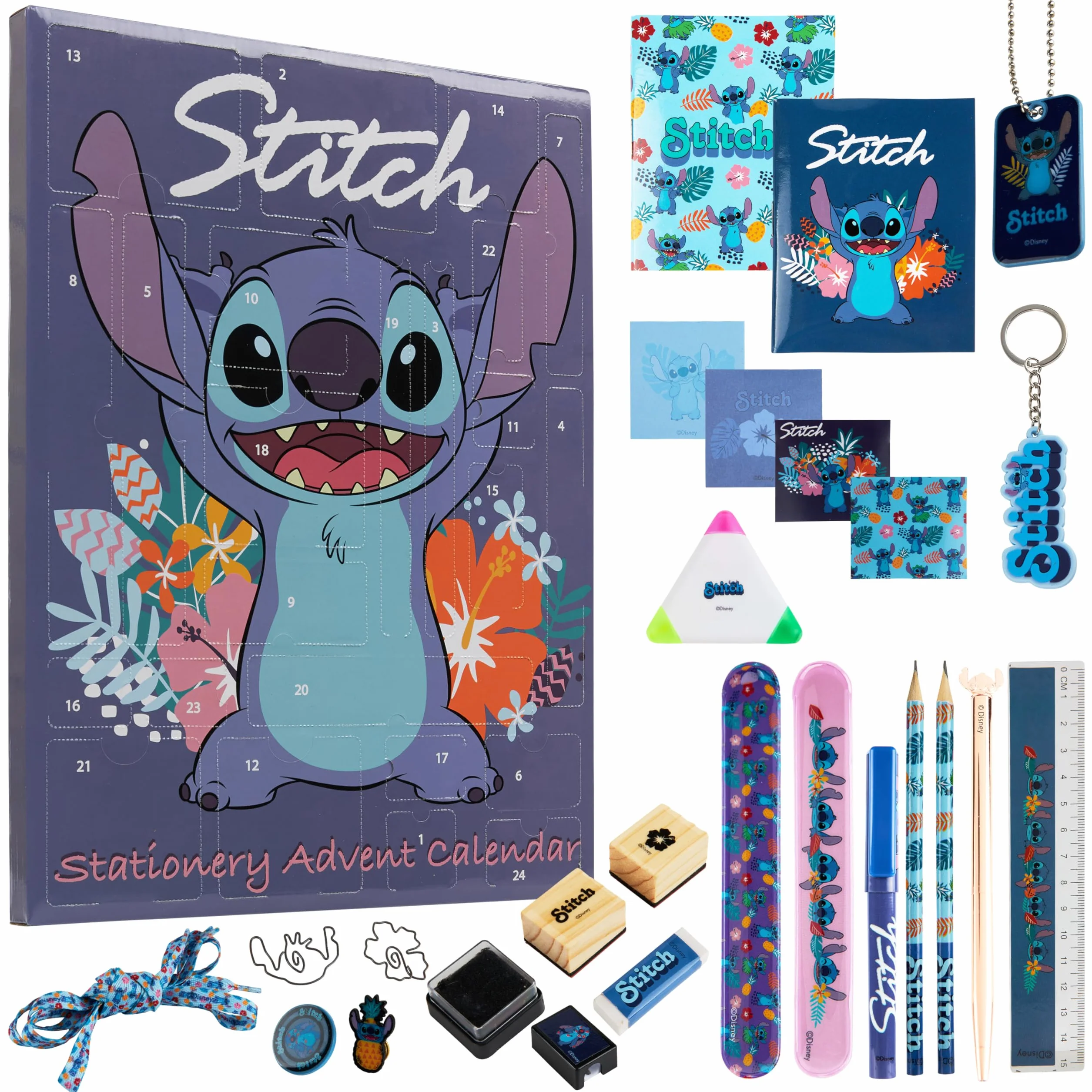 Disney Stitch Calendario Avvento 2025 Cancelleria e Accessori Countdown Natale Calendari Avvento 24 Sorprese Collana Portachiavi Penna Braccialetti (Blu Stitch Cancelleria)