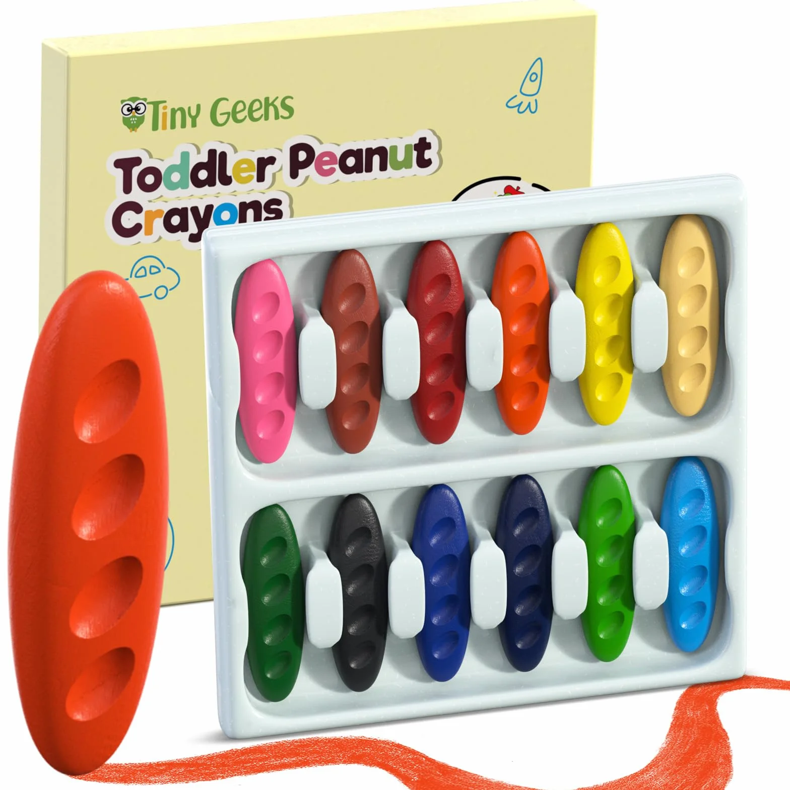 12 Pastelli Bambini 2 Anni + Forma Ergonomica Arachidi + Crayon per Bambini 1-3 Anni | Colori che non sporcano | Pastello a Razzo e Facili da Impugnare | Pastelli a cera