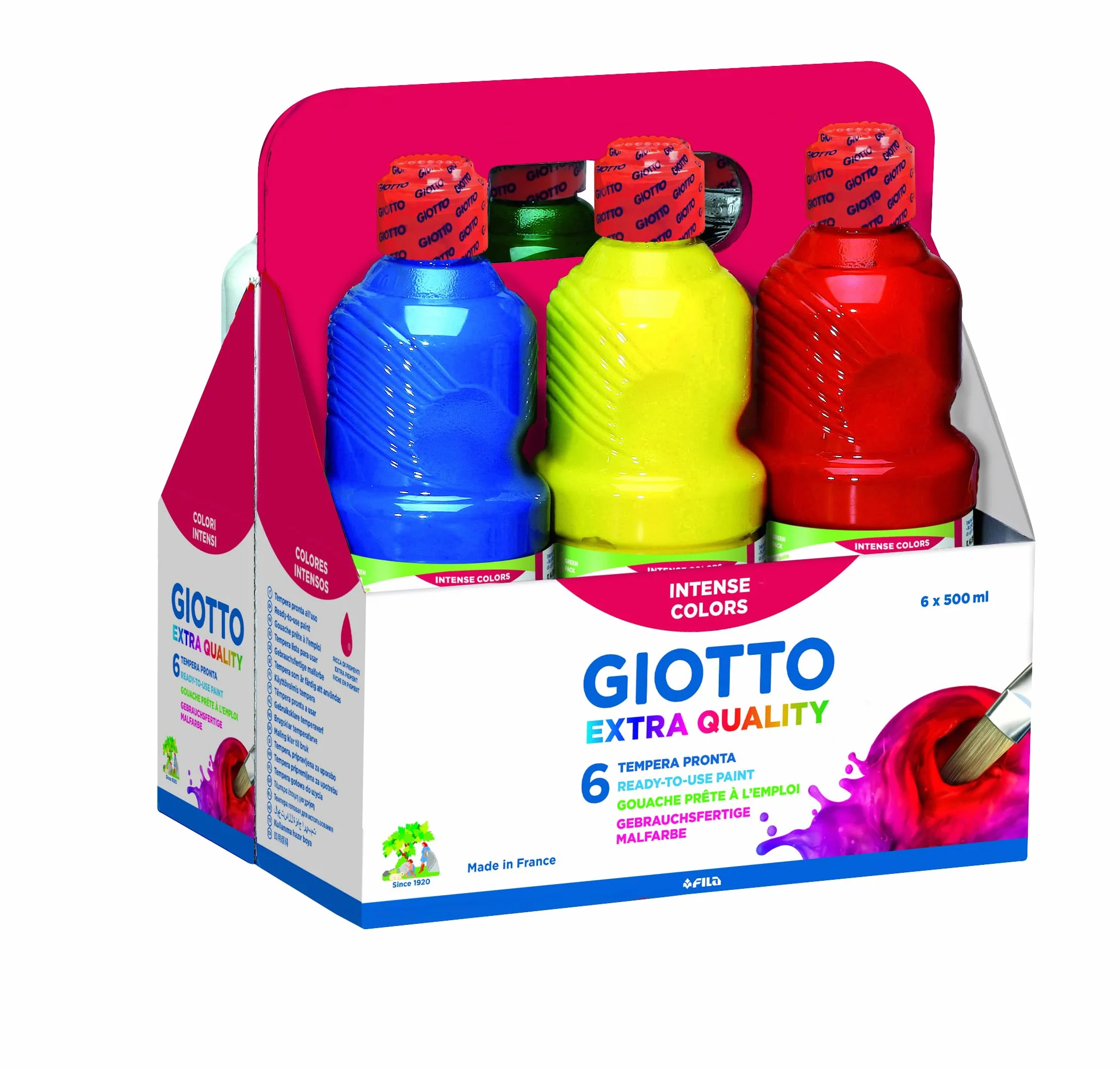 Giotto Extra Quality - Confezione da 6 Flaconi di Tempera Pronta, 500ml, 6 Colori Assortiti