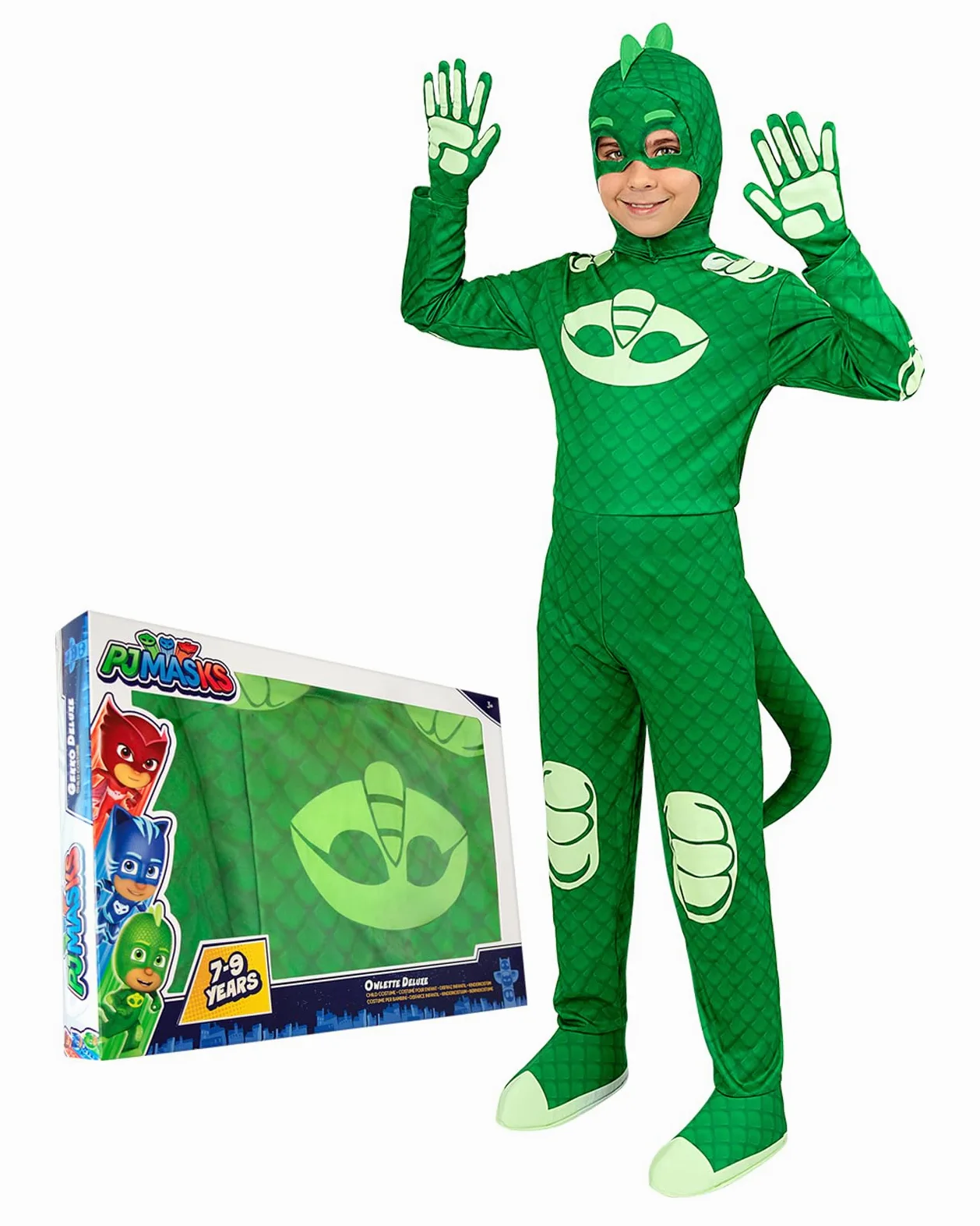 Funidelia Costume Ufficiale di Geco PJ Masks deluxe per bambino, Include tuta con coda, maschera e guanti - Tenuta per bambini per feste, Carnevale e Halloween - Taglia 7-9 anni