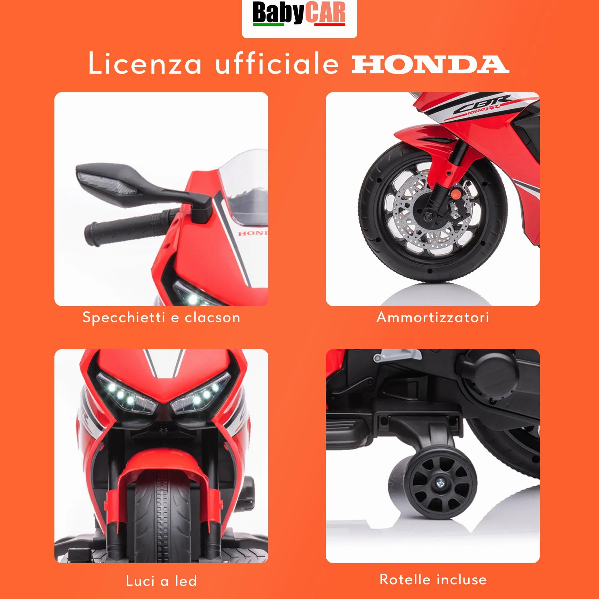 BabyCar Moto Elettrica Bambini Honda CBR 12V | Moto Elettrica Bambini 3-5 Anni con Luci, Suoni e Rotelle Stabilizzatrici | Batteria 12V 3,5Ah, Motore 30W e Acceleratore a Pedale | Rosso