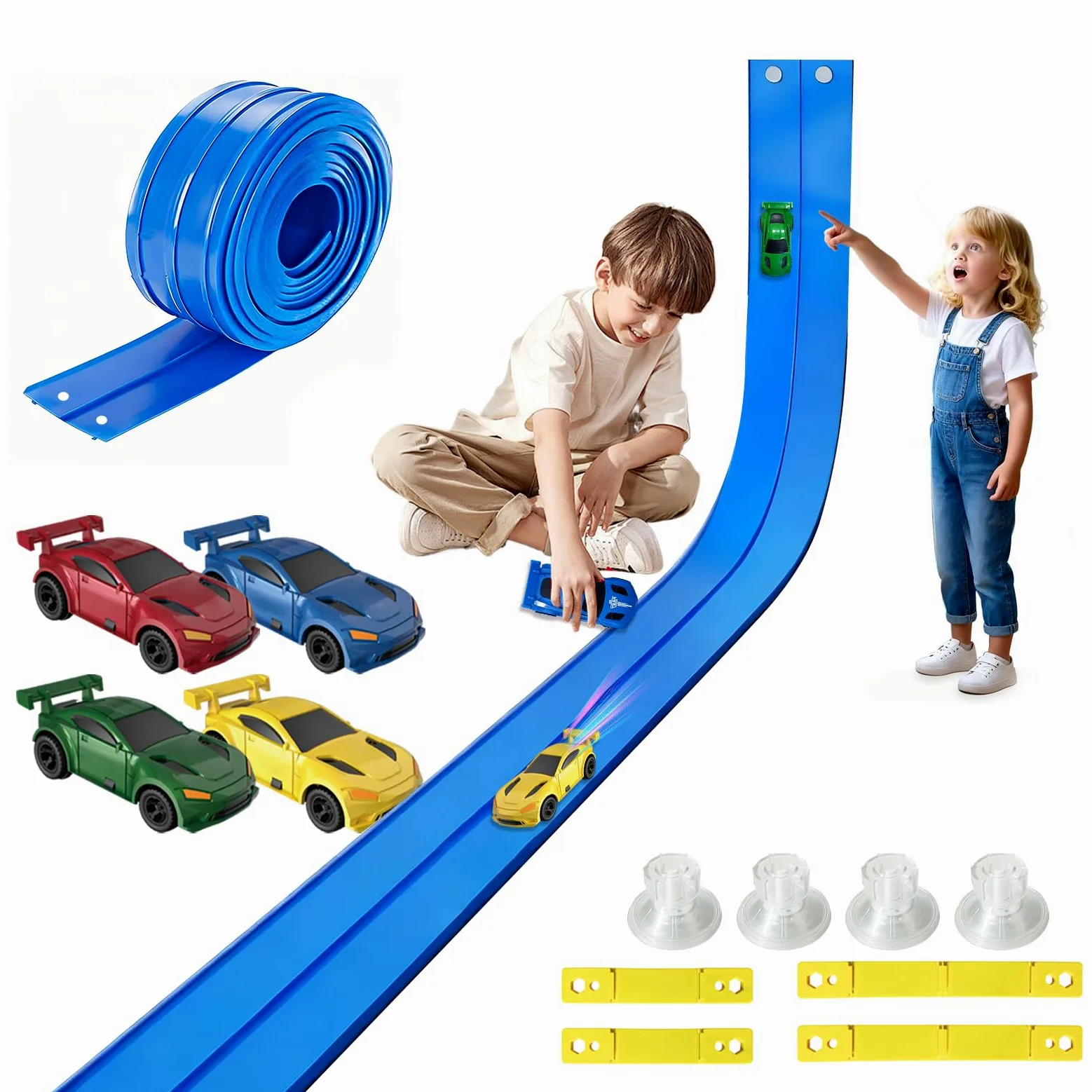 RedCrab Pista da Corsa Flessibile per Bambini, Lunga 5 m Pista da Corsa Flessibile con 4 Macchinine e 4 Ventose, Compatibile con Modellini di Auto Diecast in Scala 1:64