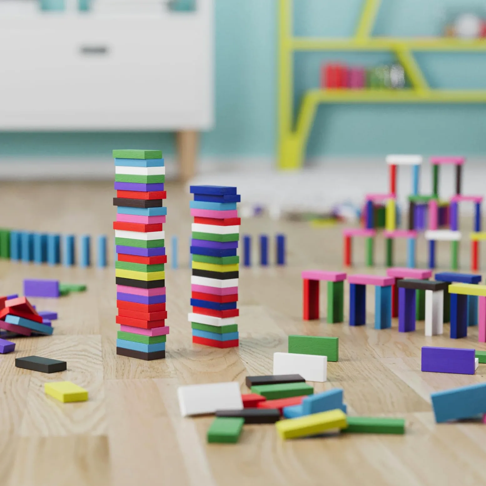 WELLGRO Domino - Mattoncini da costruzione in legno di pino ecologico, con sacchetto, blocchi di legno, colore atossico, numero di pezzi: 1200 pezzi