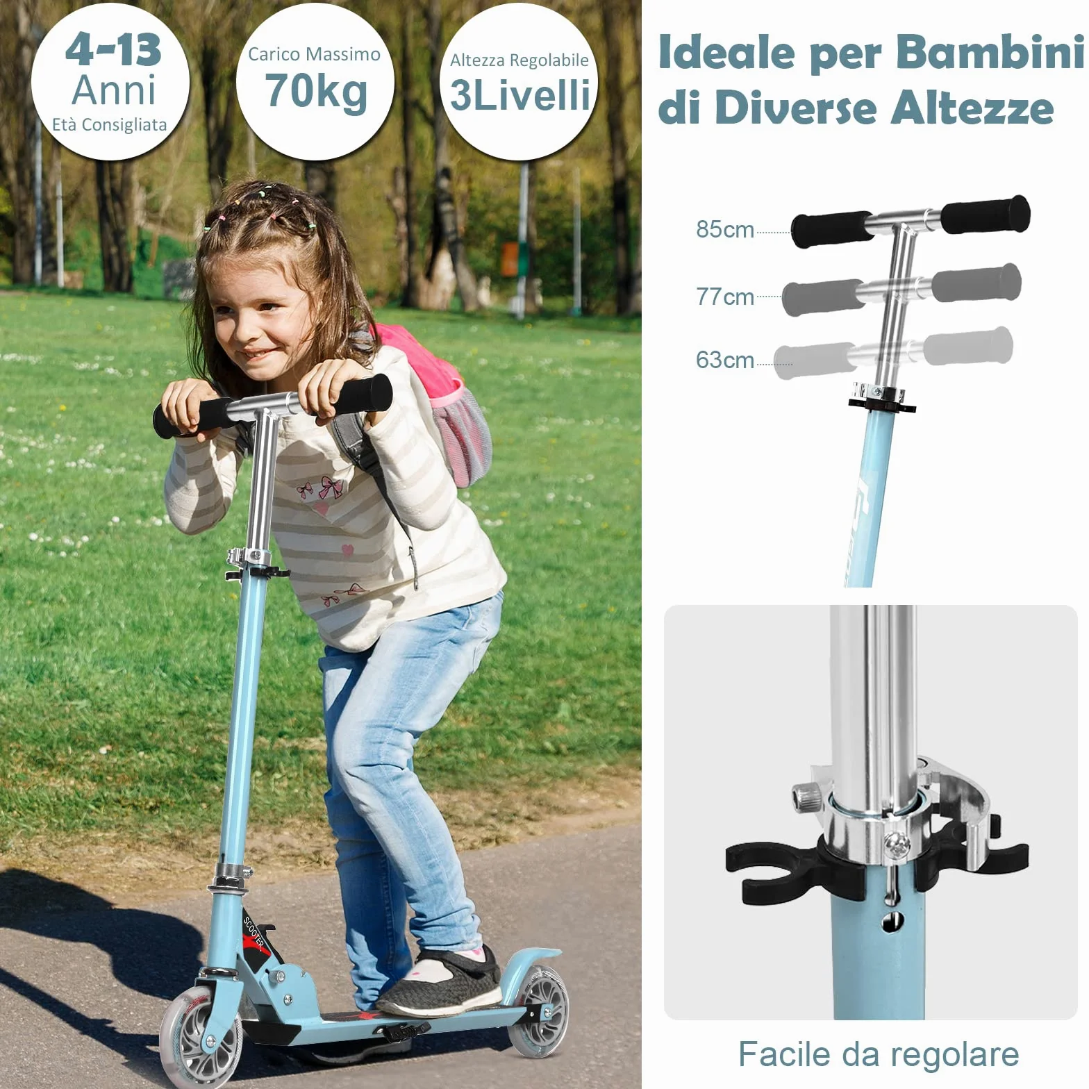 GOPLUS Monopattino Pieghevole a 2 Ruote Luminose Scotter Altezza Regolabile a 3 Livelli per Bambini 4-13 Anni, Alluminio, 70kg (Azzurro)