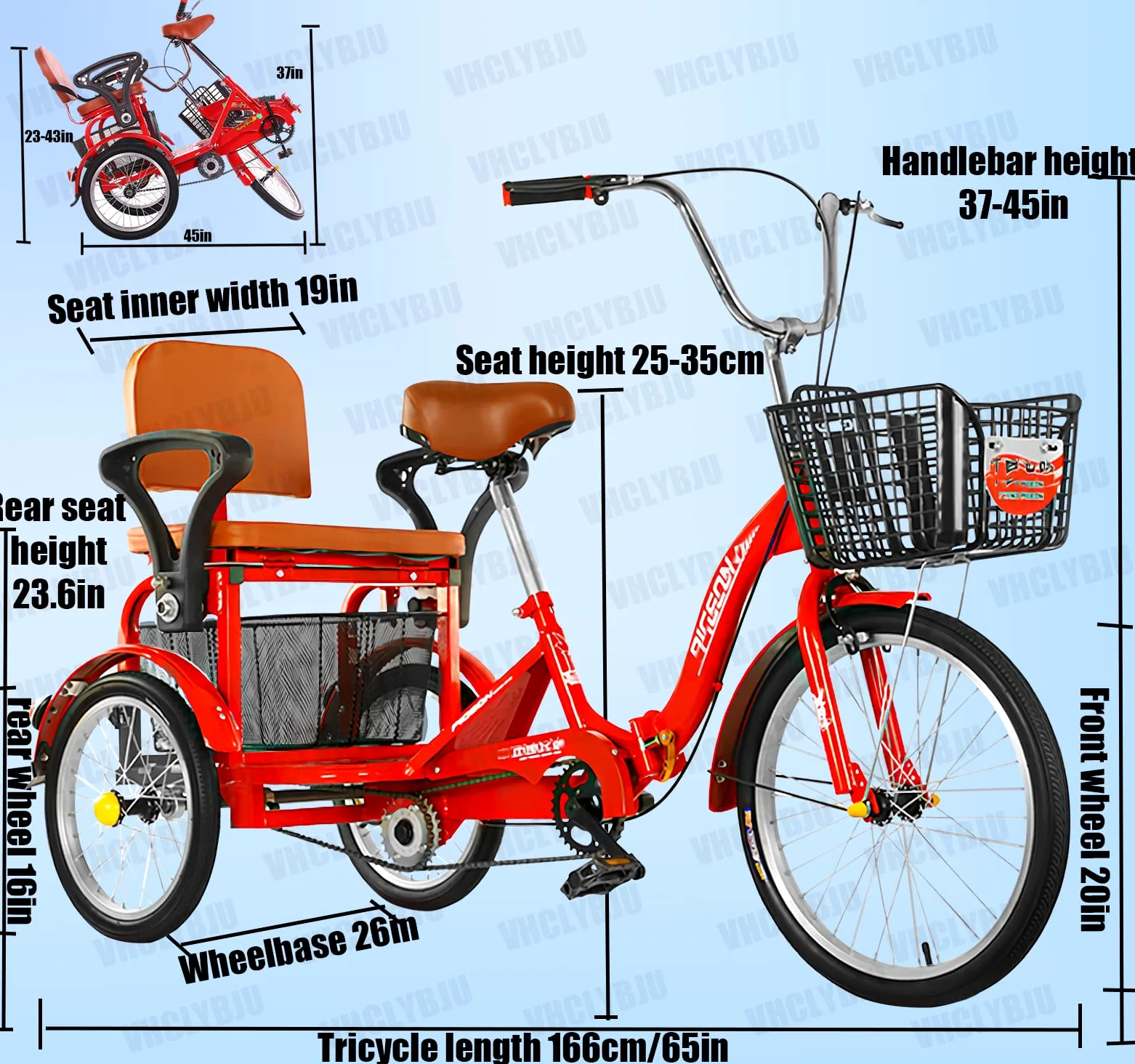 Triciclo per adulti per donna Triciclo pieghevole da 20 pollici con sedile posteriore + cesto allargato per due persone per viaggiare triciclo carico massimo 390 libbre (BLACK)