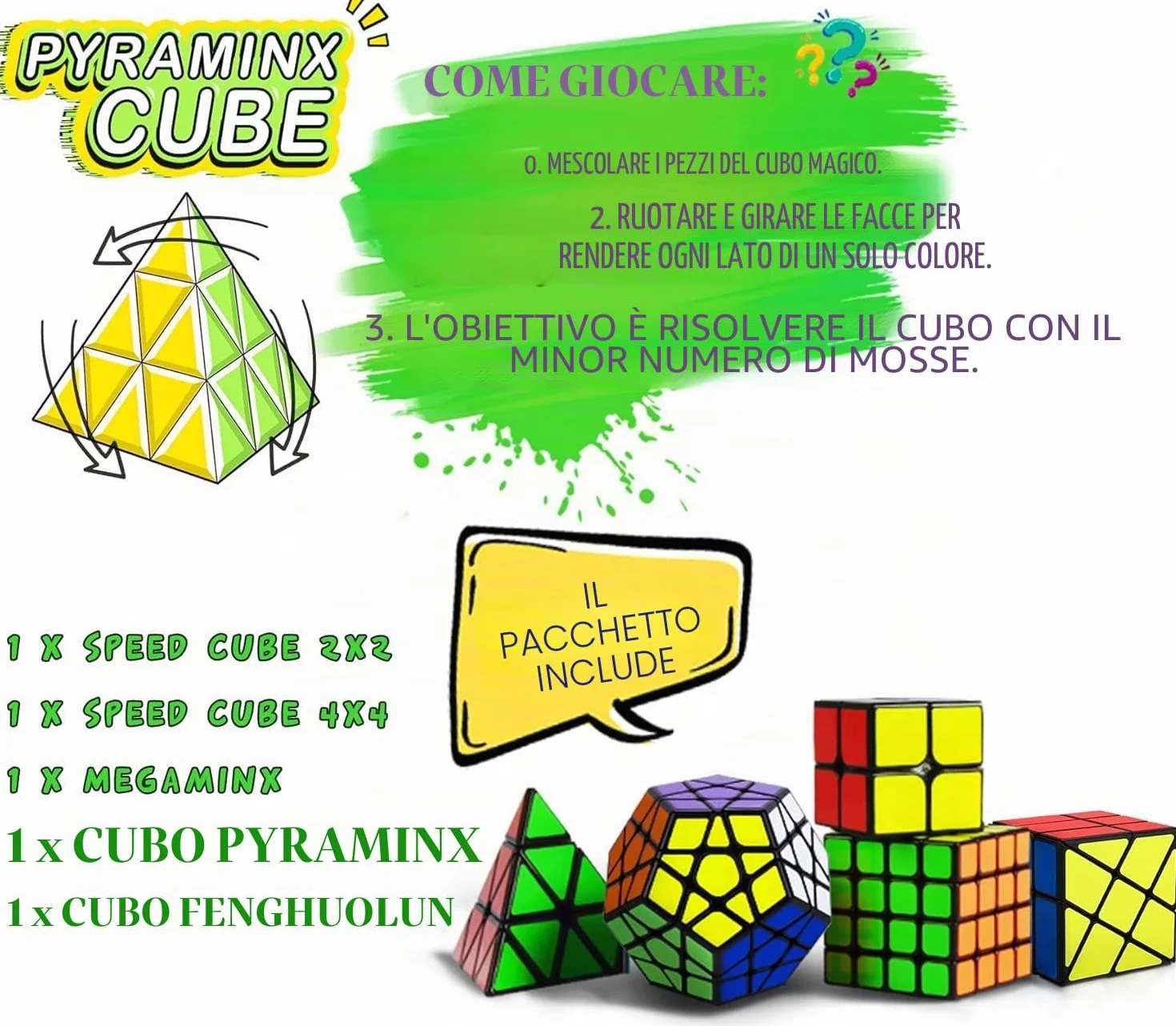 Coolzon Set di 5 Cubi Magici, Set di 5 Cubi Magici di Velocità 2x2 4x4 Fenghuolun Pyraminx Pyramid Megaminx Fenghuolun Puzzle Cube Giocattolo Regalo per Bambini Adulti