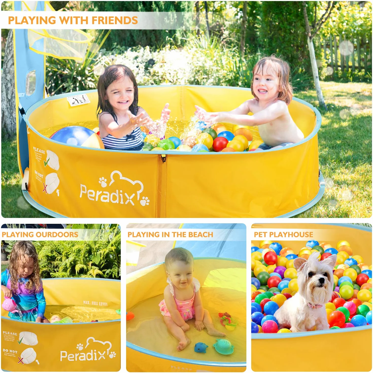 Peradix 2 in 1 Tenda da Bambini Pop Up Pieghevole, Mini Vasca Palline Casetta Solare Anti-UV con Tettoia e Canestro Viaggio in Spiaggia