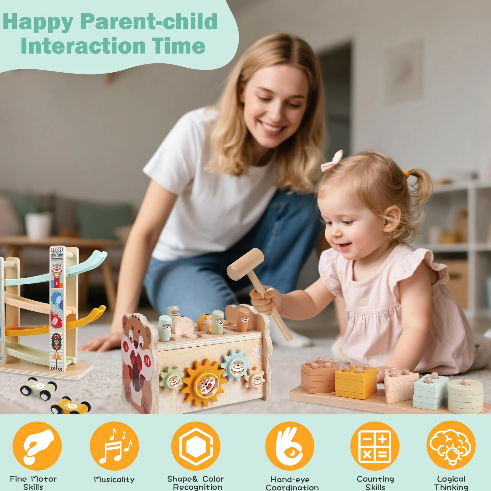 Weilim Giochi Montessori Bambini 1 Anno Legno Cubo Attività Macchinine | Cubo attività 5 lati: xilofono, martello, pesca, ingranaggi, incastri forme e blocchi impilabili. Regalo bimbo 1 anno, EN71