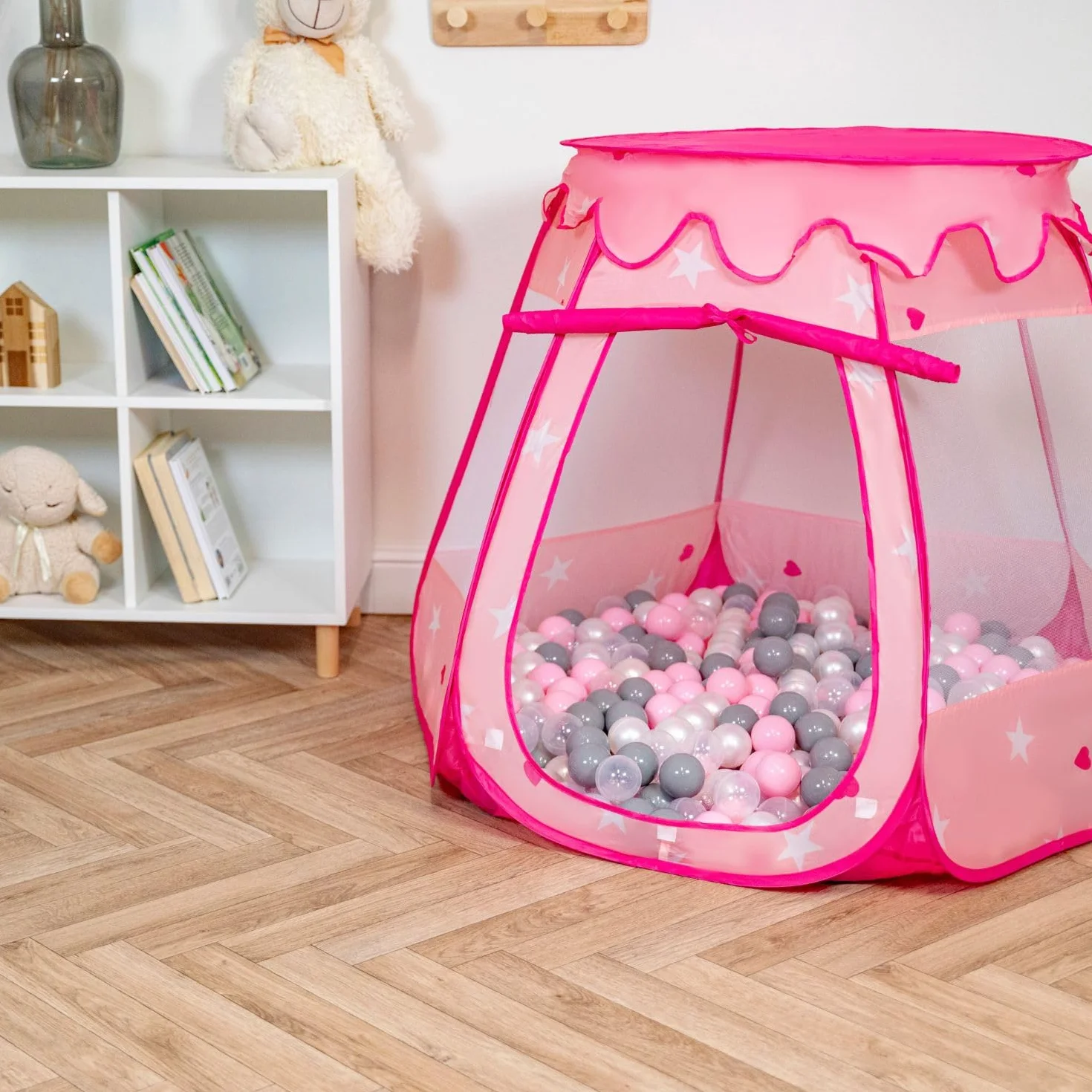 Selonis Tenda 105X90cm/100 Palline Castello Con Palline Colorate Per Bambini, Rosa:Rosa Chiaro/Perla/Trasparente