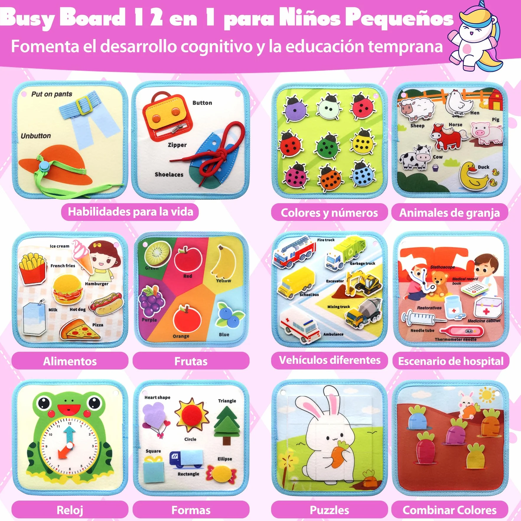 Busy Board Montessori 1 2 3 Anni, 12 in 1 Giochi Bambini Educativi Tabellone Attivitài 1 Anno, Feltro Quiet Book, Pannello Sensoriale Montessori Giocattoli Regalo, Libro Montessori Interattivo