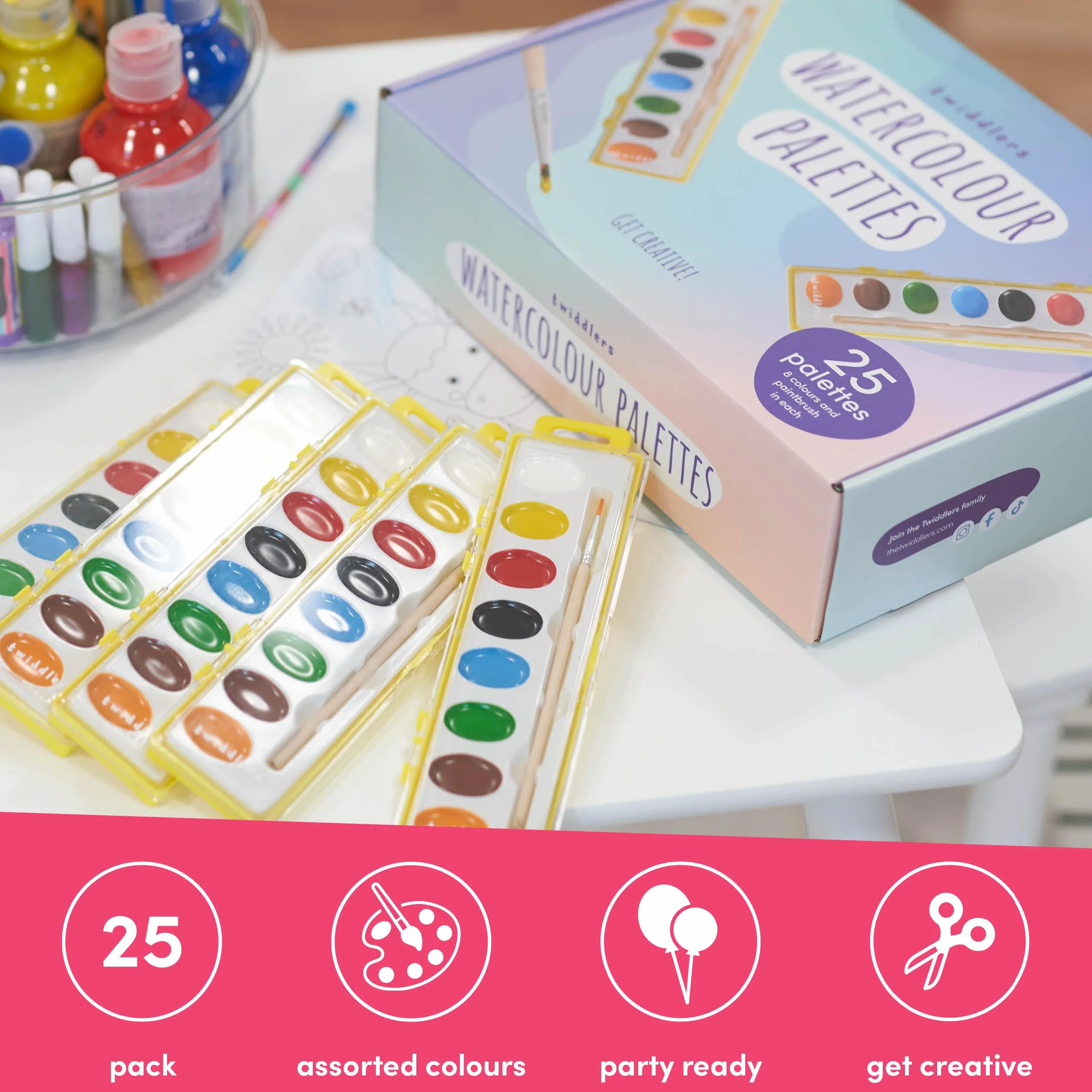 THE TWIDDLERS - 25 Palette di Colori ad Acquerello, Pennelli Individuali con Pennello in Legno e 8 Colori Vivaci, Basta Aggiungere Acqua, Lavandini - Sacchetti per Feste per Bambini, Regali in Classe