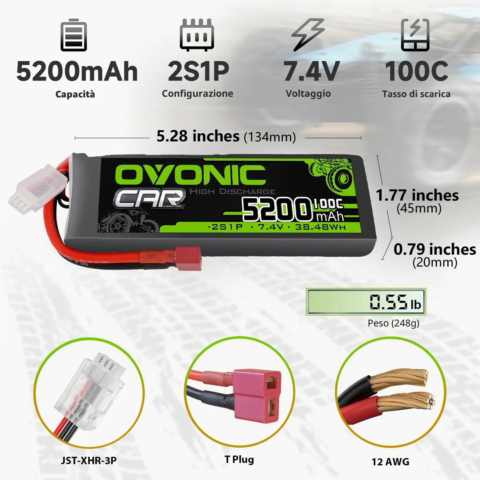 OVONIC 2s Batterie Lipo 5200mAh 100C 7.4V Custodia Morbida con Connettore per RC Elicottero RC Auto Camion Barca Hobby (2 pezzi)