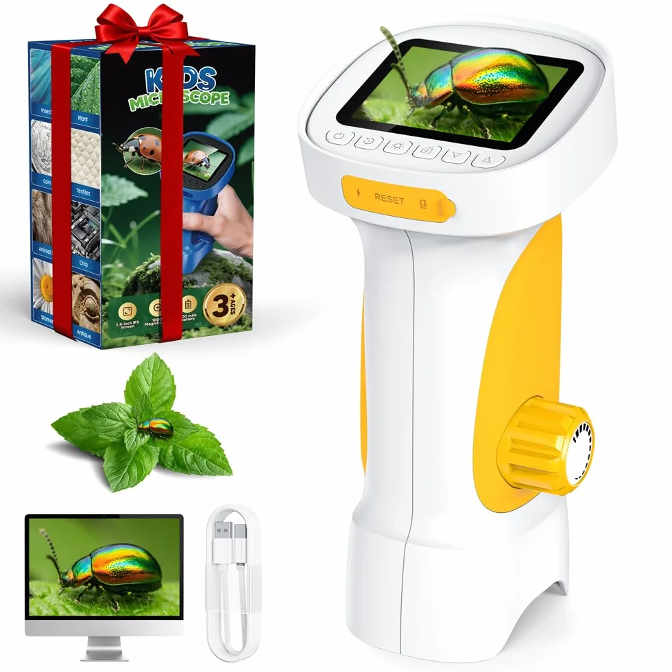 1000X Microscopio Bambini, Temodu Microscopio Digitale Bambini da 2.4‘’, con 8 luci LED Regolabili, può essere utilizzato come regalo di compleanno o di Natale 3 agli (White+Yellow)