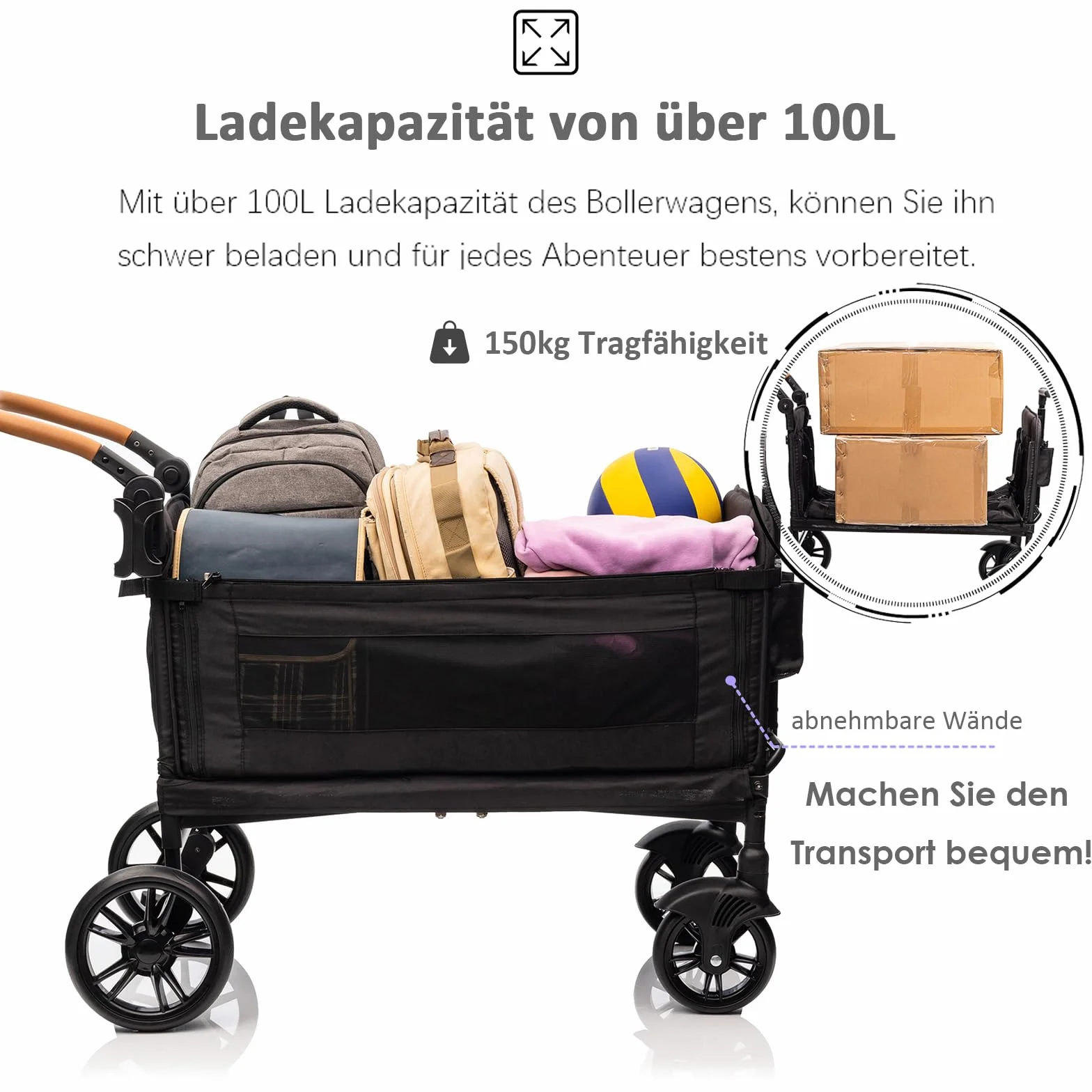 vickey Carrello pieghevole con tetto, 2 bambini, 150 kg, carrello cargo, pieghevole, con manico scorrevole, Duo, resistente agli urti, ruote in poliuretano con freni, portabevande, 100 l, nero