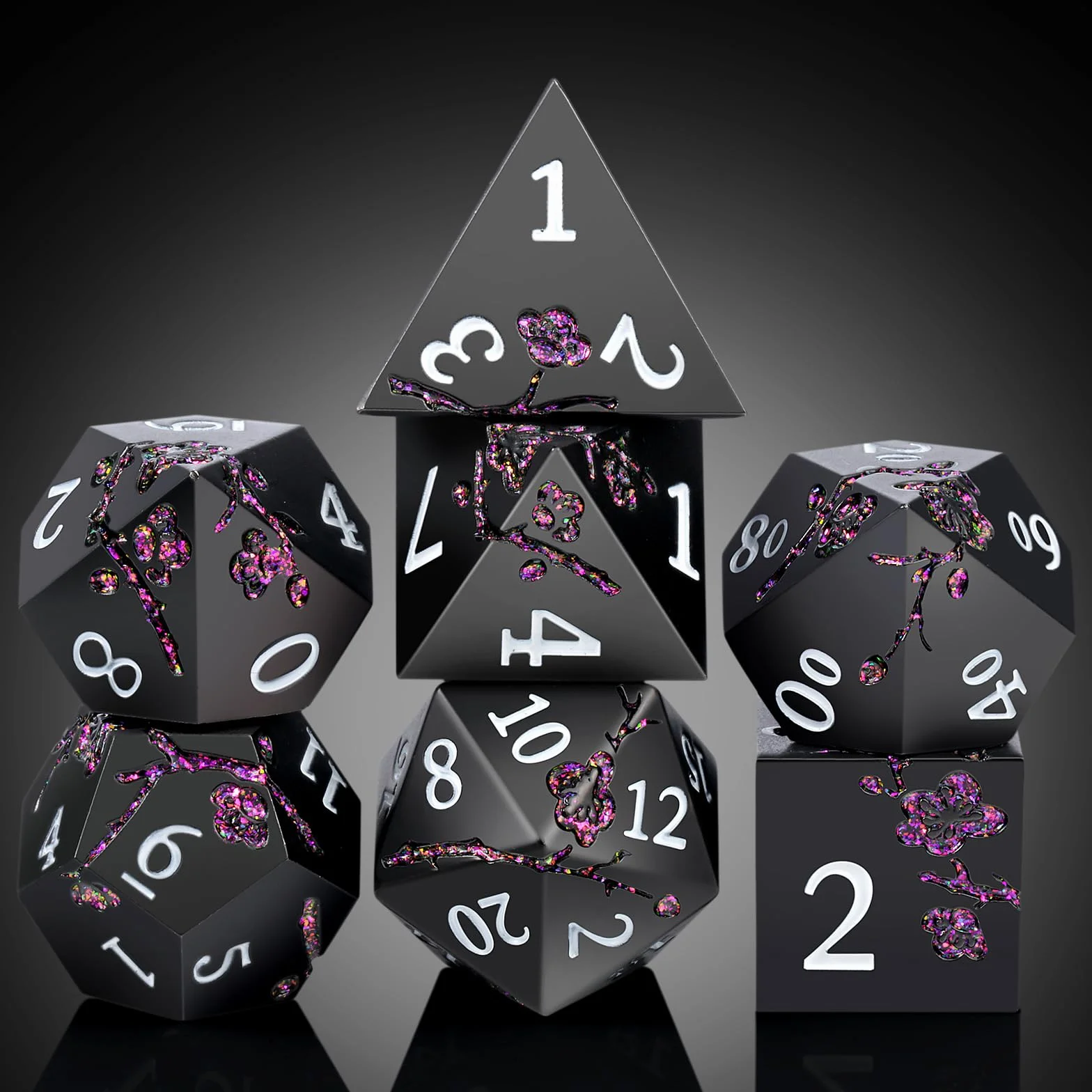 Glitter Purple Metal D&D Dice, 7 PCS Flower Metallic DND Dice Set with Grogeous Gift Case for Dungeons and Dragon Tabletop Game (Matte Black with Glitter Purple Flower)