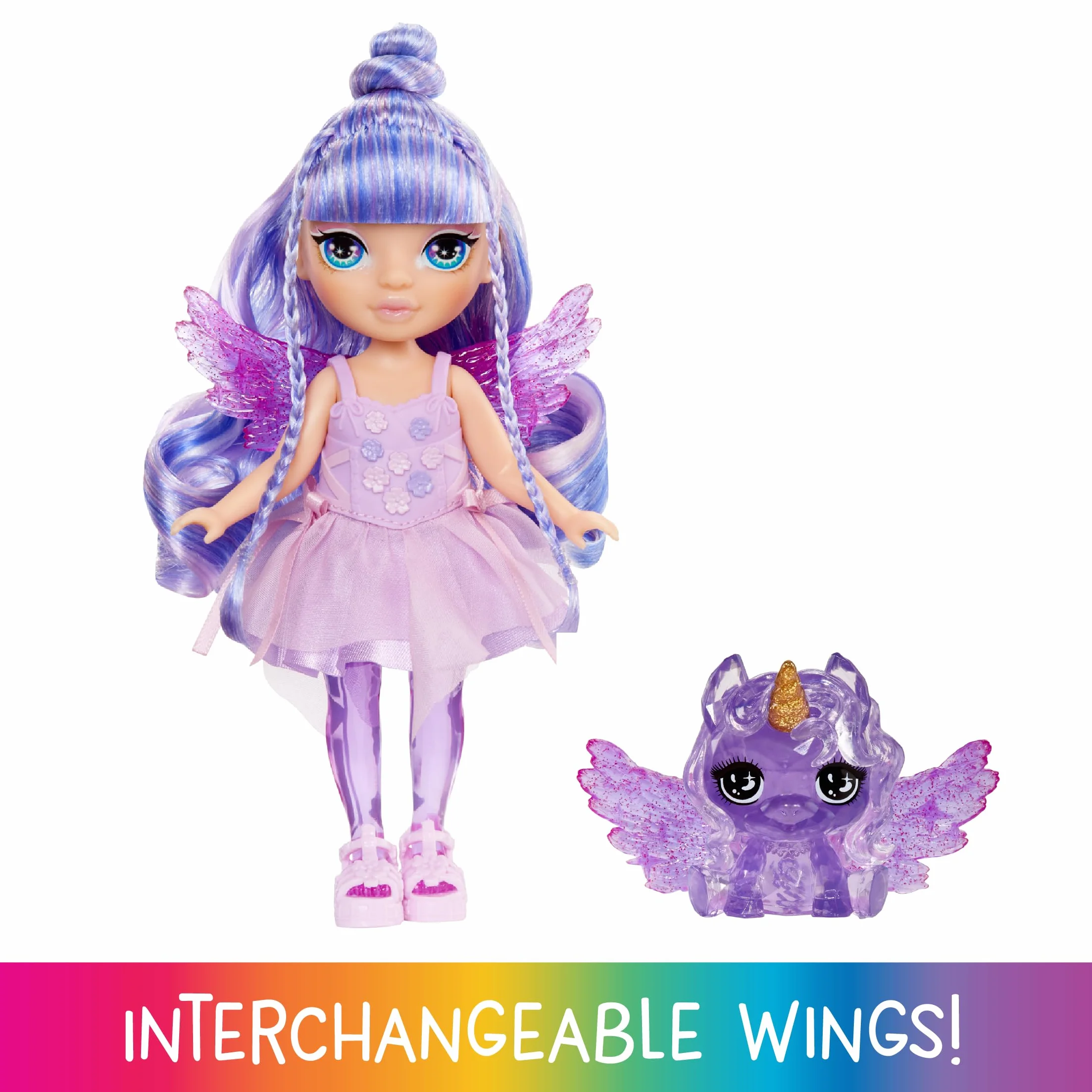 Rainbow High Littles Rainbow Fantasy Fairies & Pet - Amethyst, Viola - Bambola Piccola 14 cm Snodata e Animaletto Magico Unicorno Pegaso Fantasy con Ali da Fata intercambiabili. Età 4+