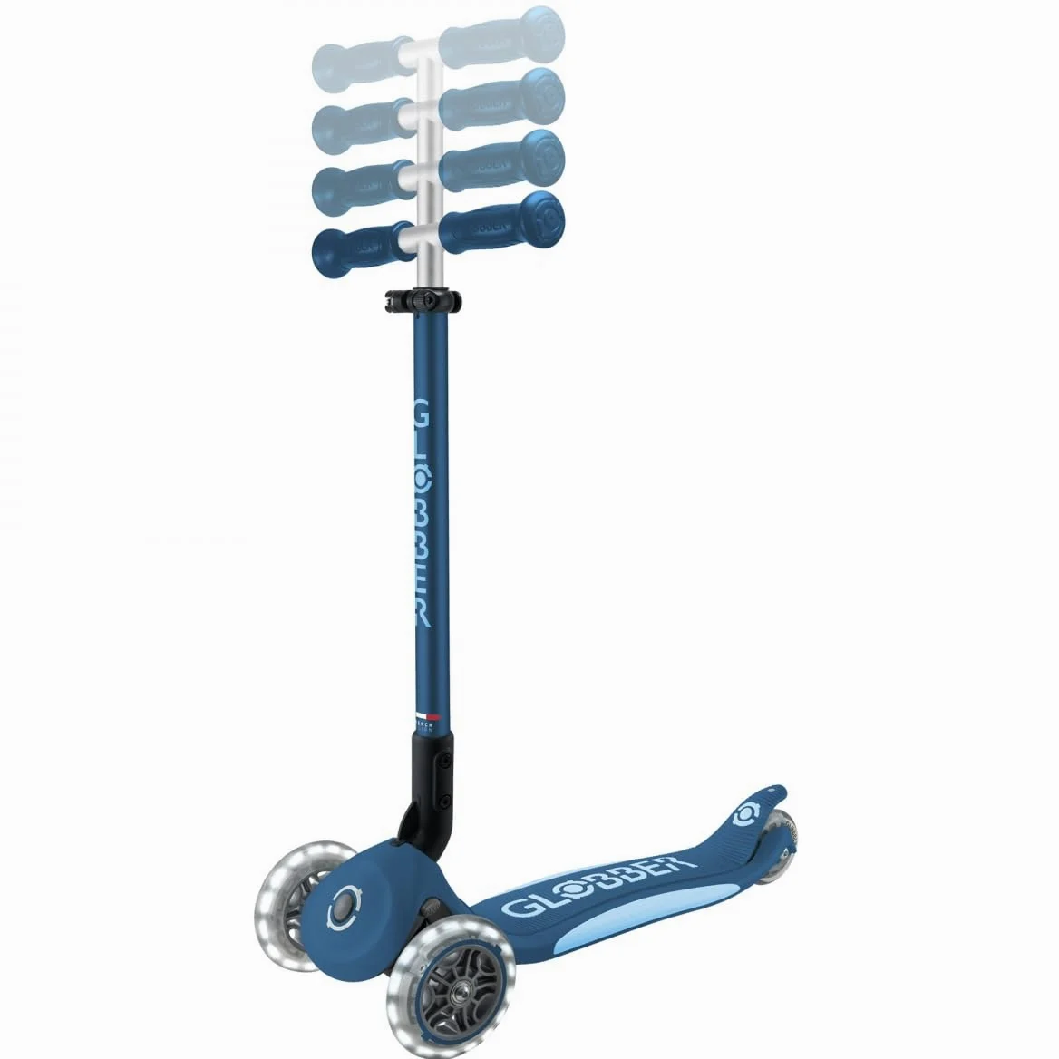 Globber - Primo Foldable Plus Lights - Monopattino a 3 ruote per bambini dai 3 ai 9 anni, blu scuro