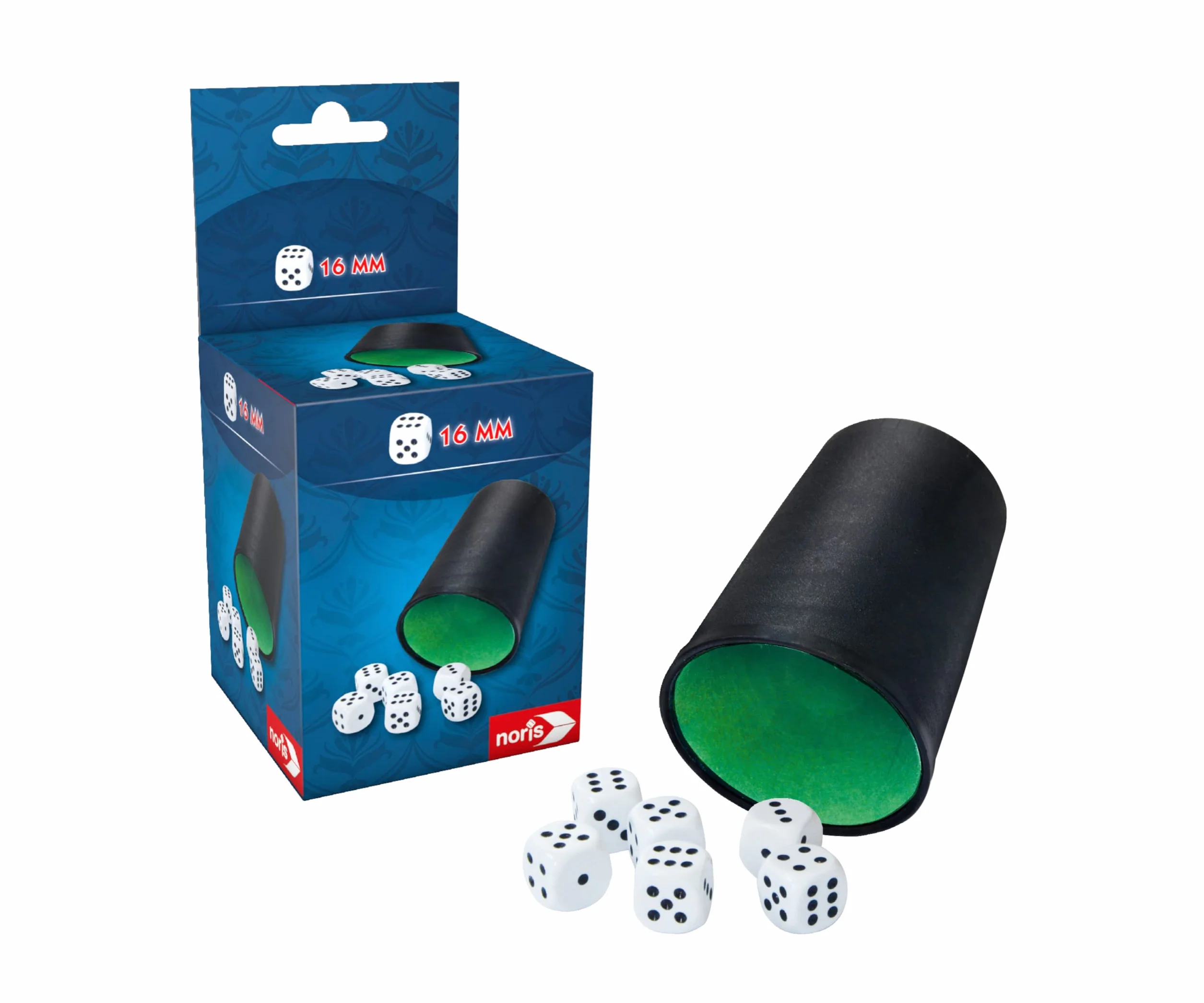 Noris Tazza cubo con 6 cubi – Accessori da gioco classici per bambini e adulti – Tazza e dadi in plastica – Adatto per giochi di dadi, giochi da tavolo, feste e serate di gioco