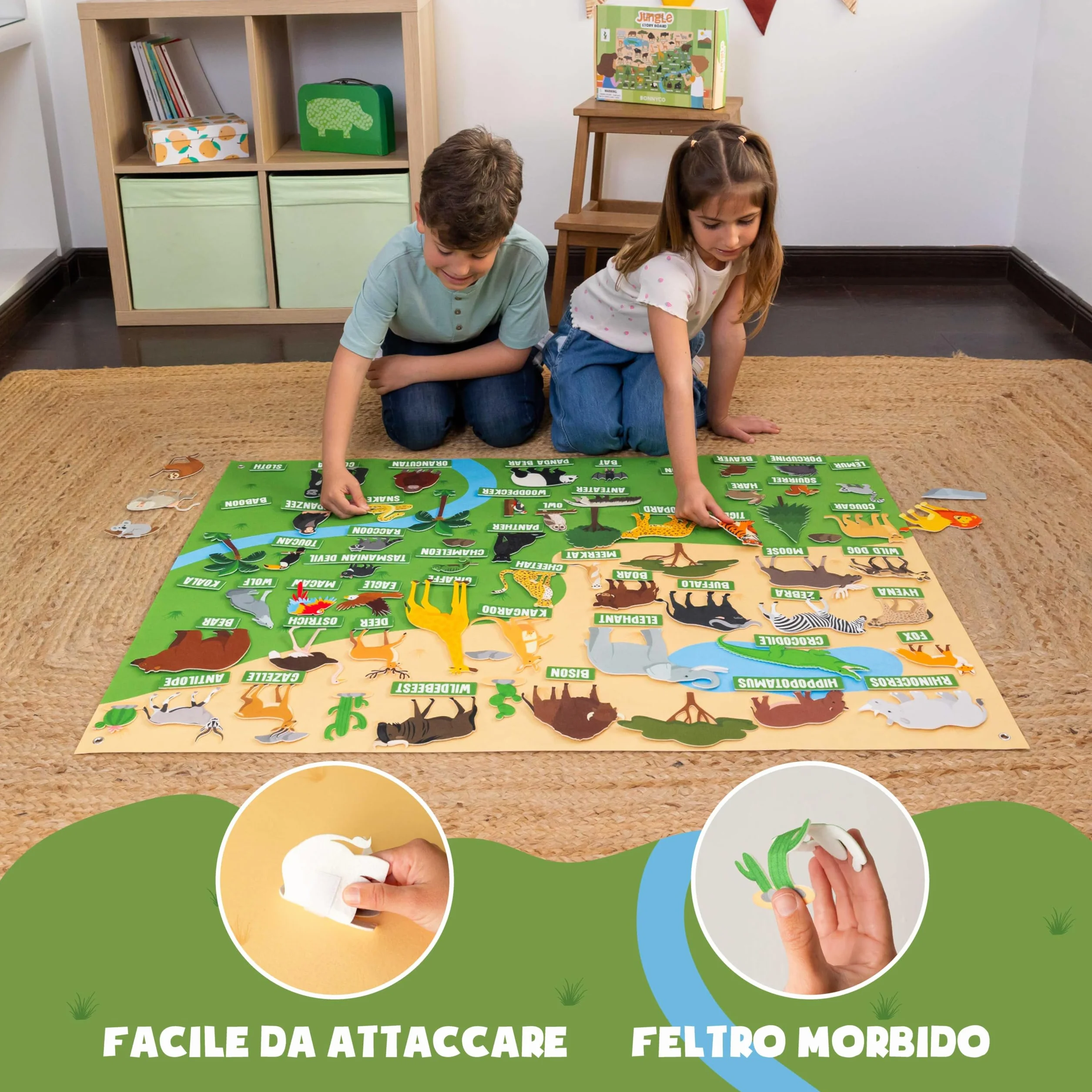 BONNYCO Lavagna di Feltro con 116 Figure di Animali della Giungla. Giochi Montessori e Regalo Compleanno Bambini dai 3-8 Anni. Pannello Sensoriale per Autismo, Giocattoli Educativi