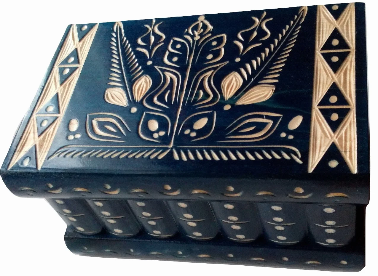 Grande mano intagliato scatola di legno di puzzle segreta magica contenitore di monili rompicapo di immagazzinaggio designe fiore decorazioni per la casa tesoro (Blu)