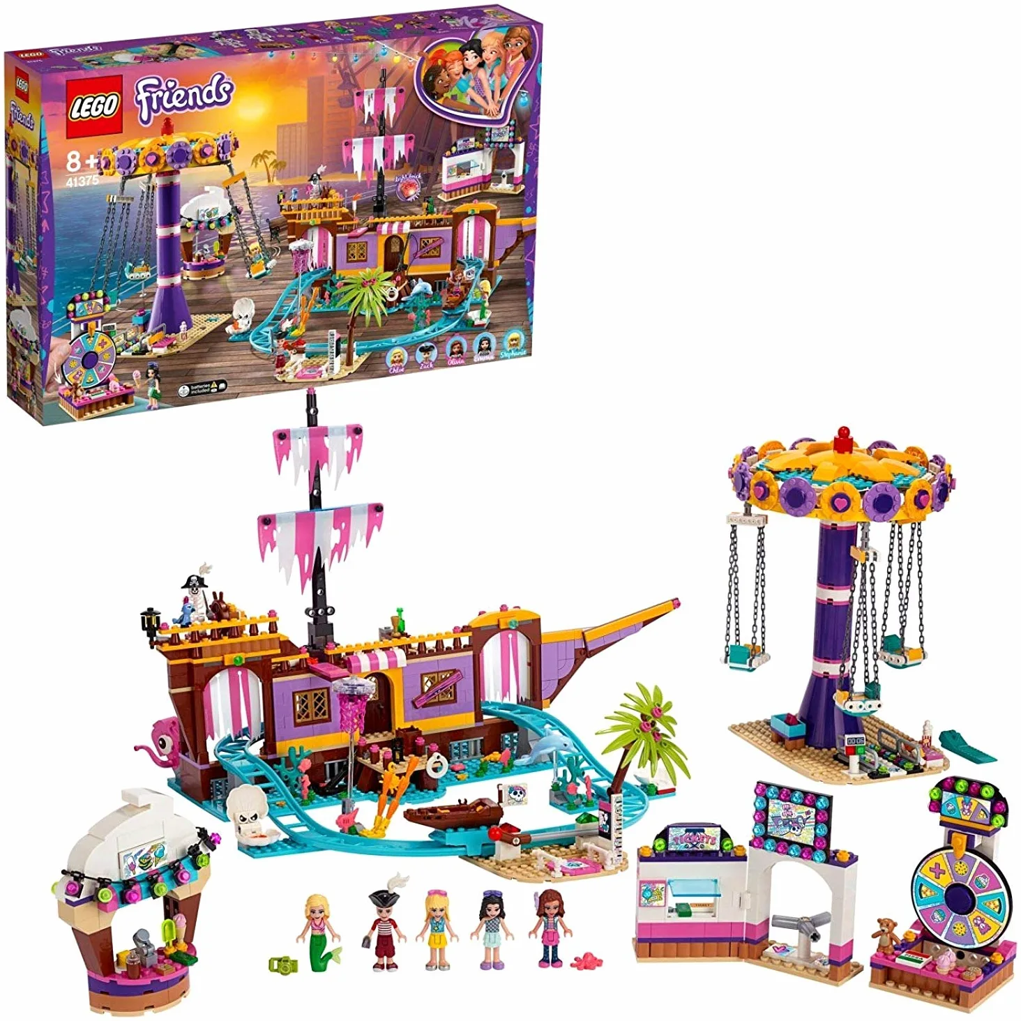 LEGO Friends Il Molo dei Divertimenti di Heartlake City, Parco dei Divertimenti con Montagne Russe su Nave Fantasma, Giostra del Luna Park e 5 Mini-doll, 41375