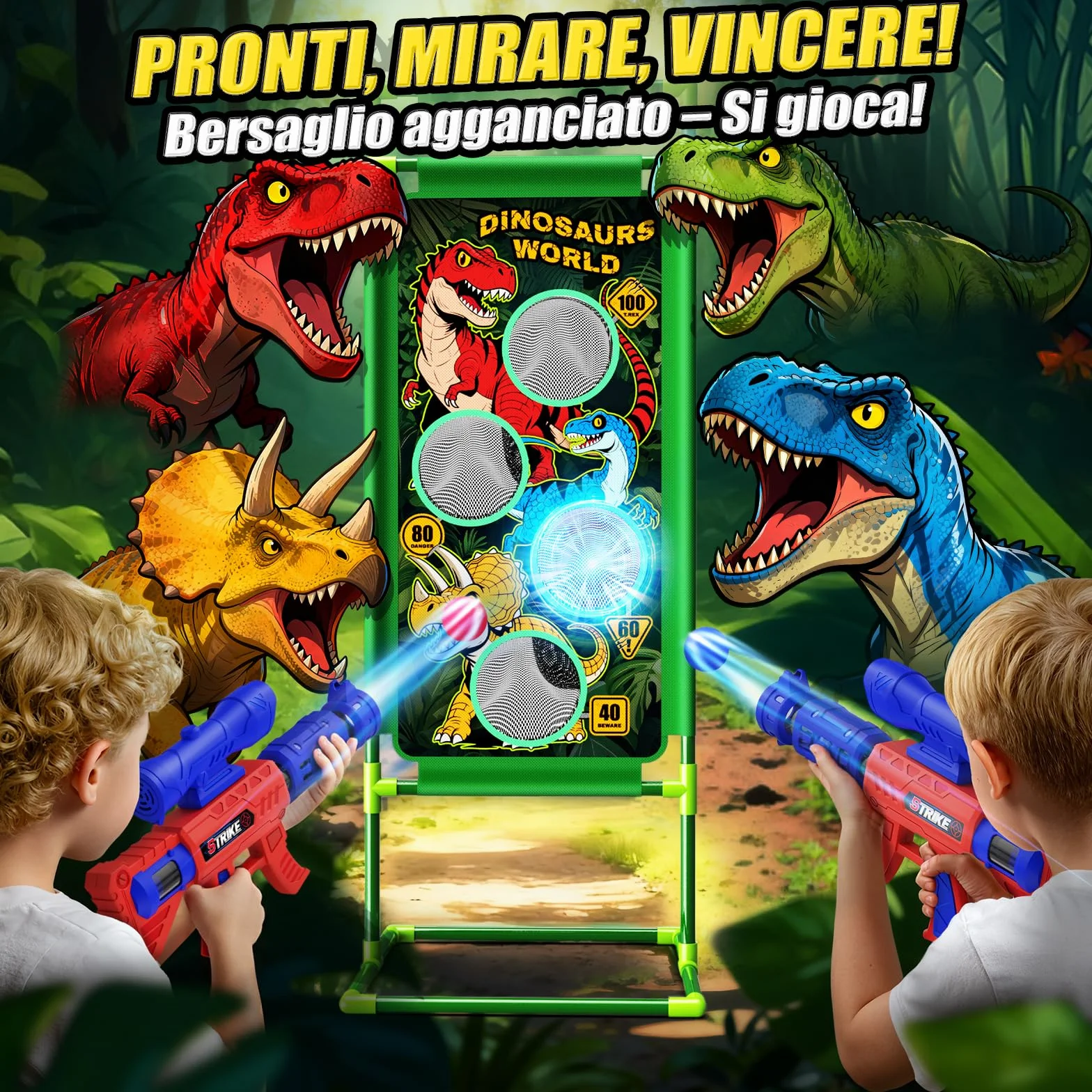 Giochi di Tiro al Bersaglio Dinosauro Giocattolo per Bambini 3-12 Anni 2 Air Blaster con Mira, 4 Bersagli e 24 Palline di Schiuma