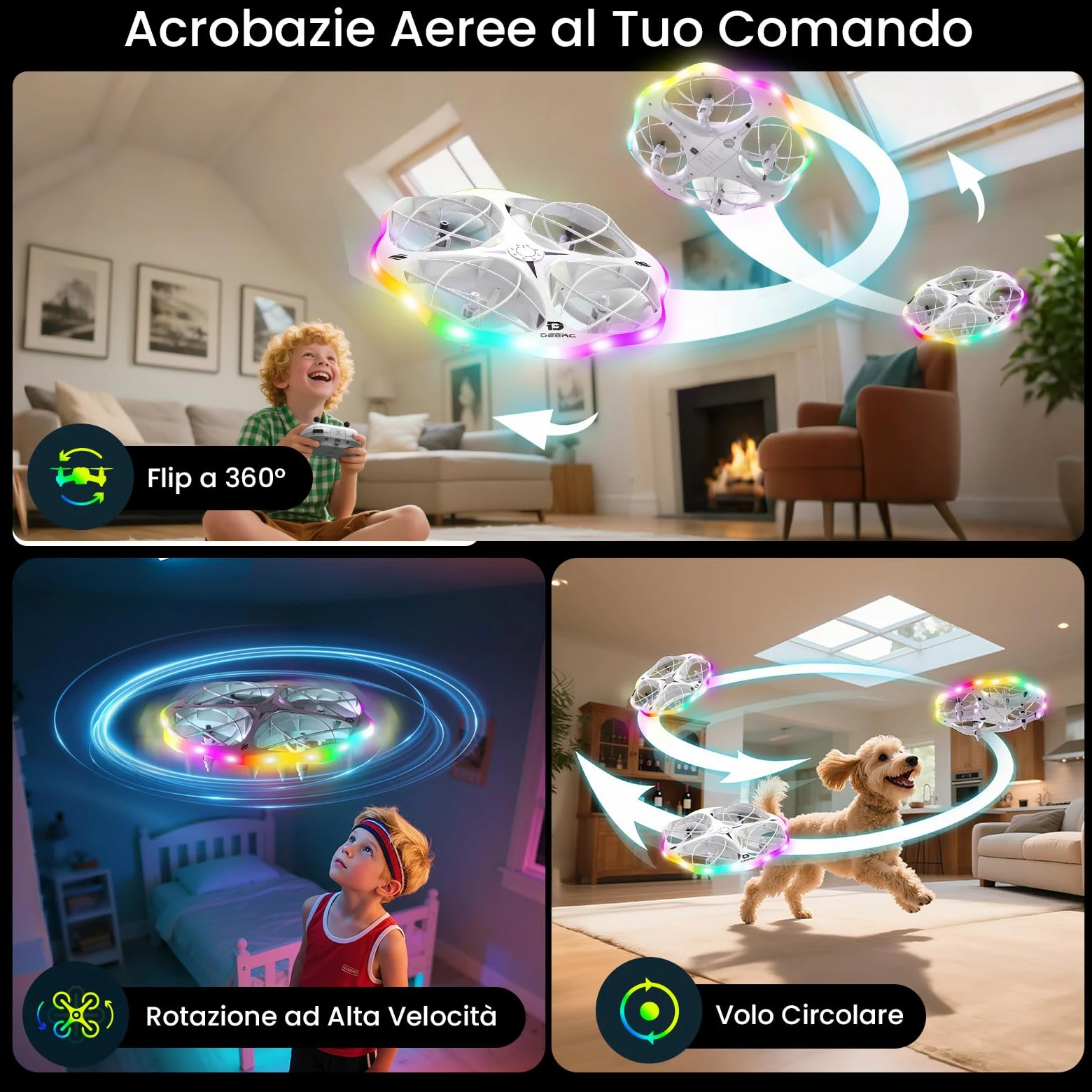 DEERC D13 Mini Drone per Bambini con 3 Batterie, Evitamento Ostacoli e LED | Mini UFO Facile da Usare con 6 Modalità LED, Lancio a Mano, Flip 3D, Regalo per Bambini 6-12 Anni