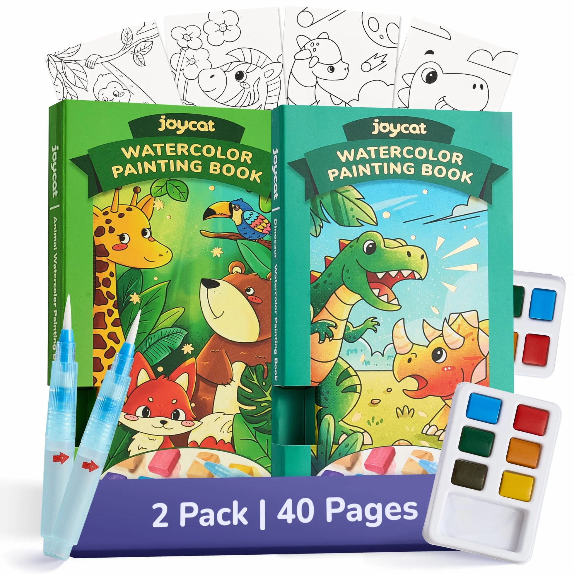 JoyCat Set 2 Libri da Colorare con Acquerelli per Bambini, Kit Creativo da Viaggio e Casa, Regali 3-8 Anni (Verde Chiaro & Verde)