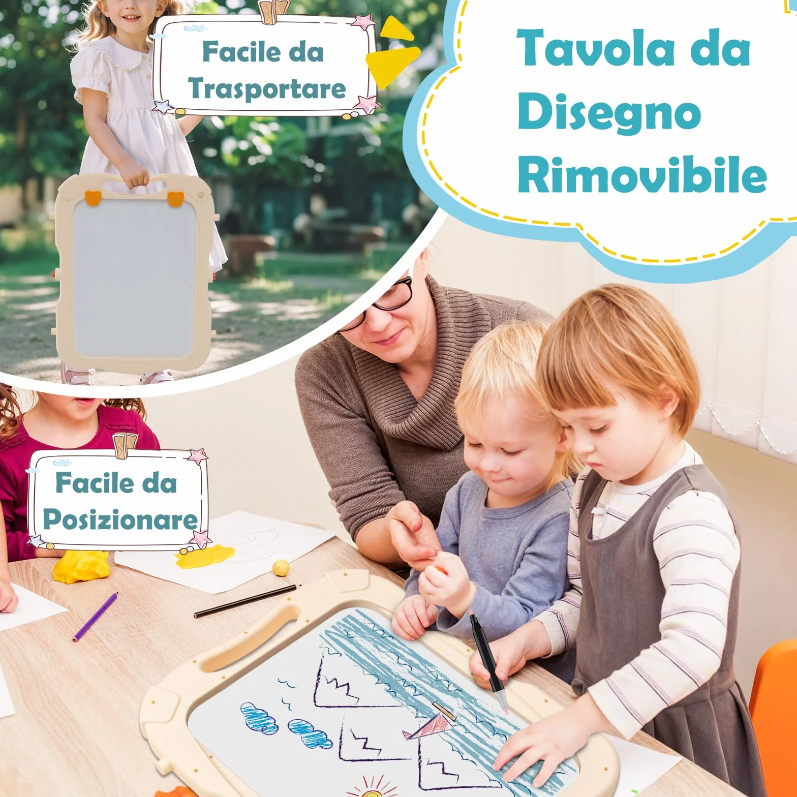 COSTWAY Cavalletto per Bambini Lavagna Magnetica a Doppia Faccia Regolabile in Altezza Tavolo da Disegno Staccabile con Manico Portatile 2 Tazze 3 Anni+