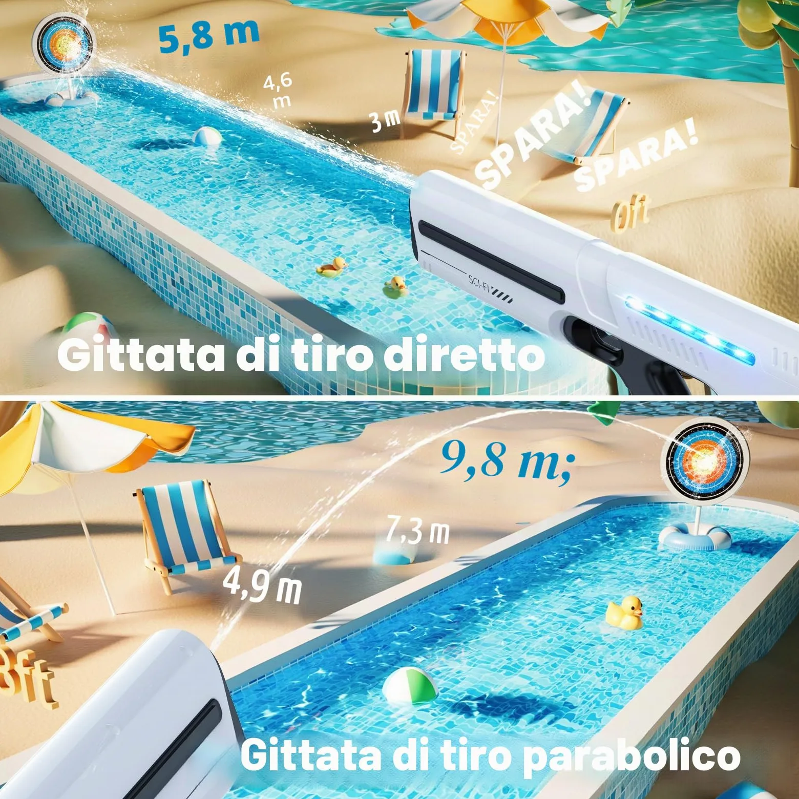 Skirfy Pistola ad acqua elettrica per bambini e adulti, giocattolo a spruzzo a batteria con serbatoio, portata 9 m, luce a LED, assorbimento automatico dell'acqua, gioco estivo in spiaggia all'aperto