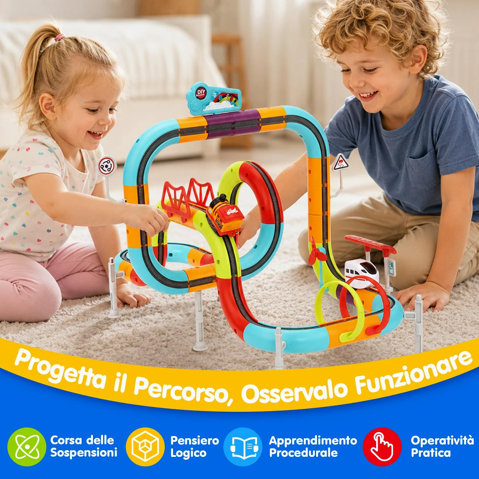 hahaland Pista Macchinine per Bambini 112 PCS, STEM Giochi Bambino 3-6 Anni | 2 Trenino Elettrico, 3D Antigravità Grande Pista, Smontabile e Ricomponibile, Regalo Bambino Maschio