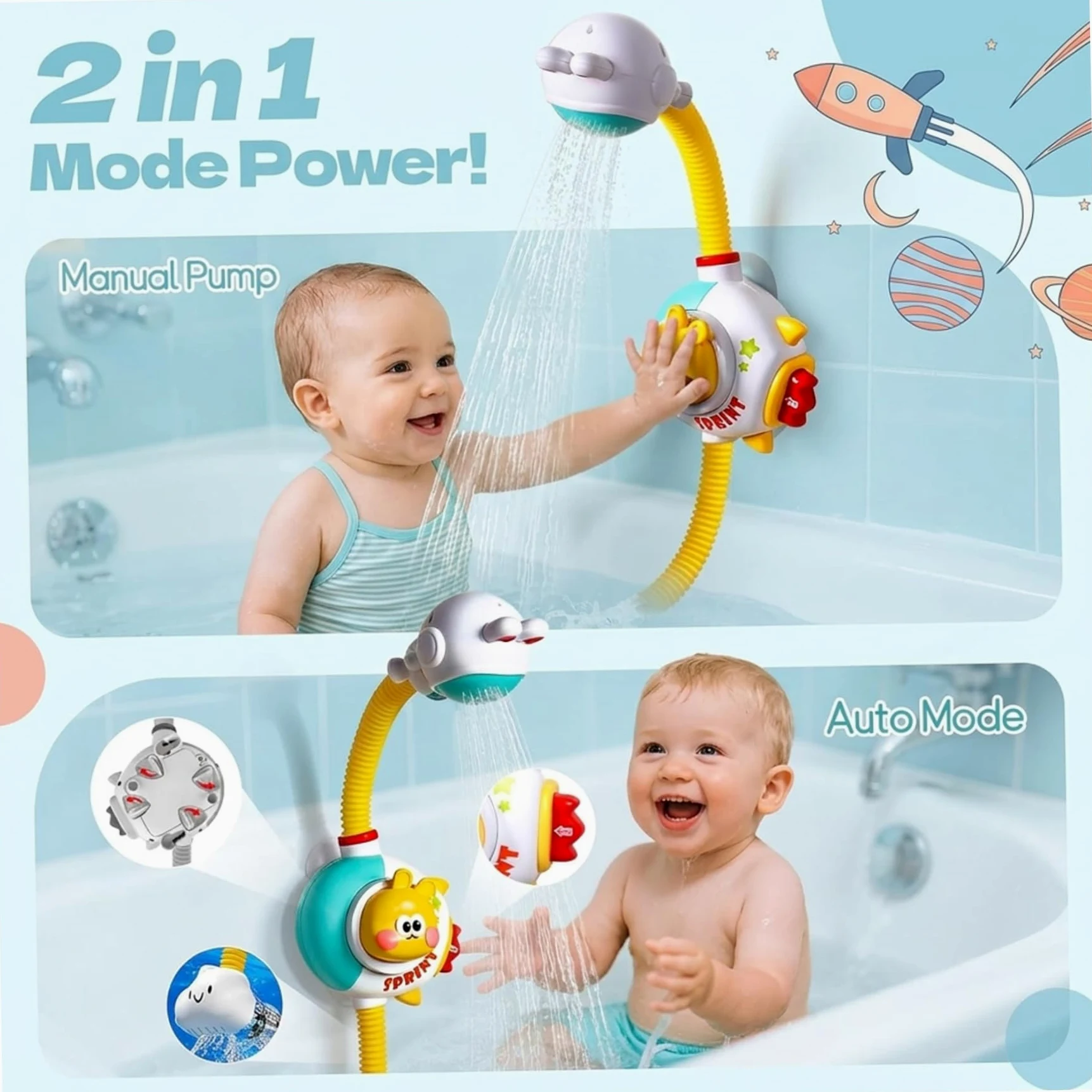 Giochi da bagno per bambini da 1 a 3 anni, Soffione doccia a forma di coniglio con batteria ricaricabile, Giochi da bagno per bambini da 3 5 anni, Modalità manuale e ricaricabile, Sciacquatrice del